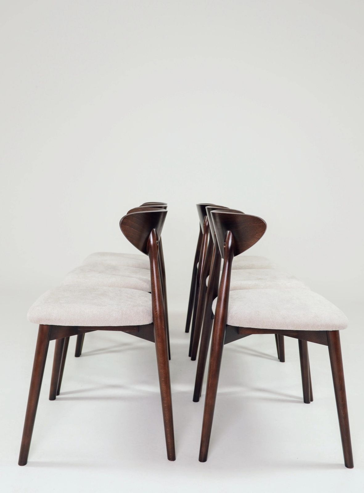 photo for sale Modern Set Of 6 Dining Chairs, Ecru Farbic And Dark Walnut Beech Wood