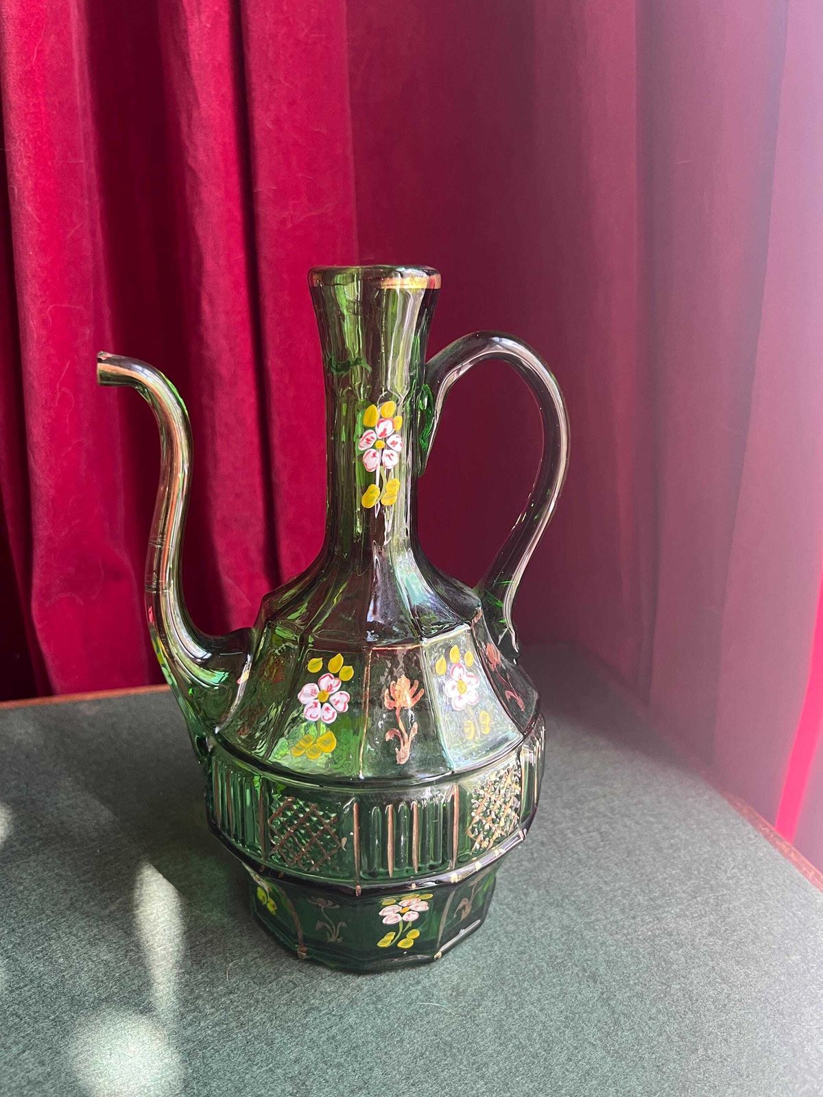 Antique Emerald Glass Pitcher Ewer. Hand Blown With Hand Painted Floral And Gold Details. photo for sale