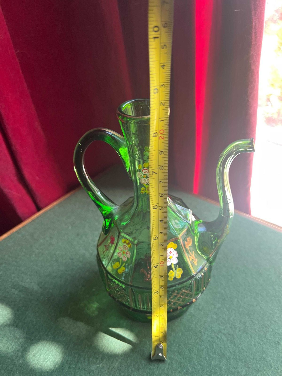 Antique Emerald Glass Pitcher Ewer. Hand Blown With Hand Painted Floral And Gold Details. photo Home Decor