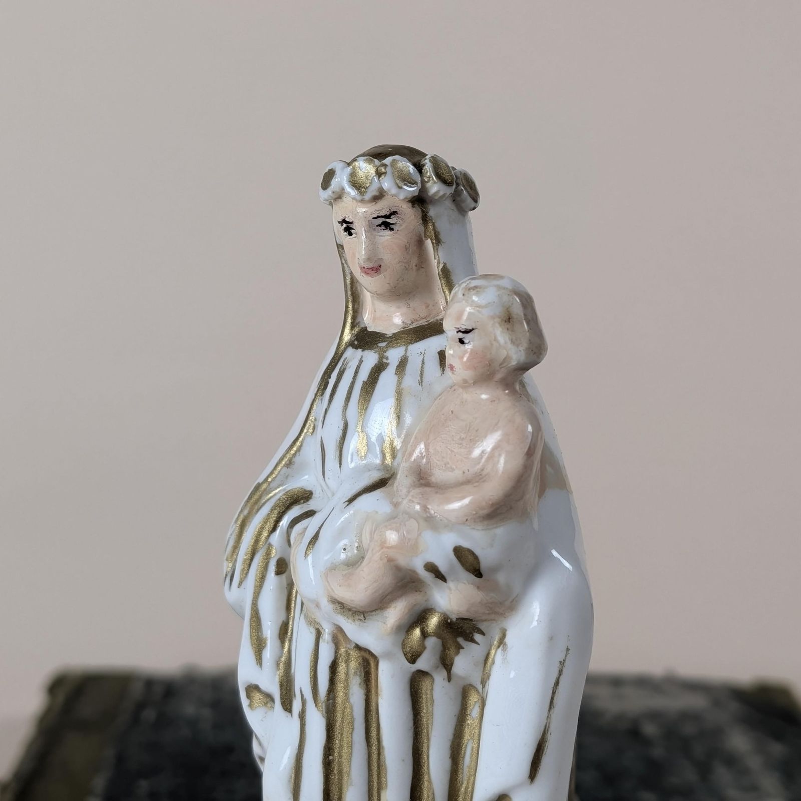 Antique Porcelain Madonna And Child Figurine, French Gilt Vieux Paris Virgin Mary Statue, Late 19th Century Catholic Altar Decor photo furniture