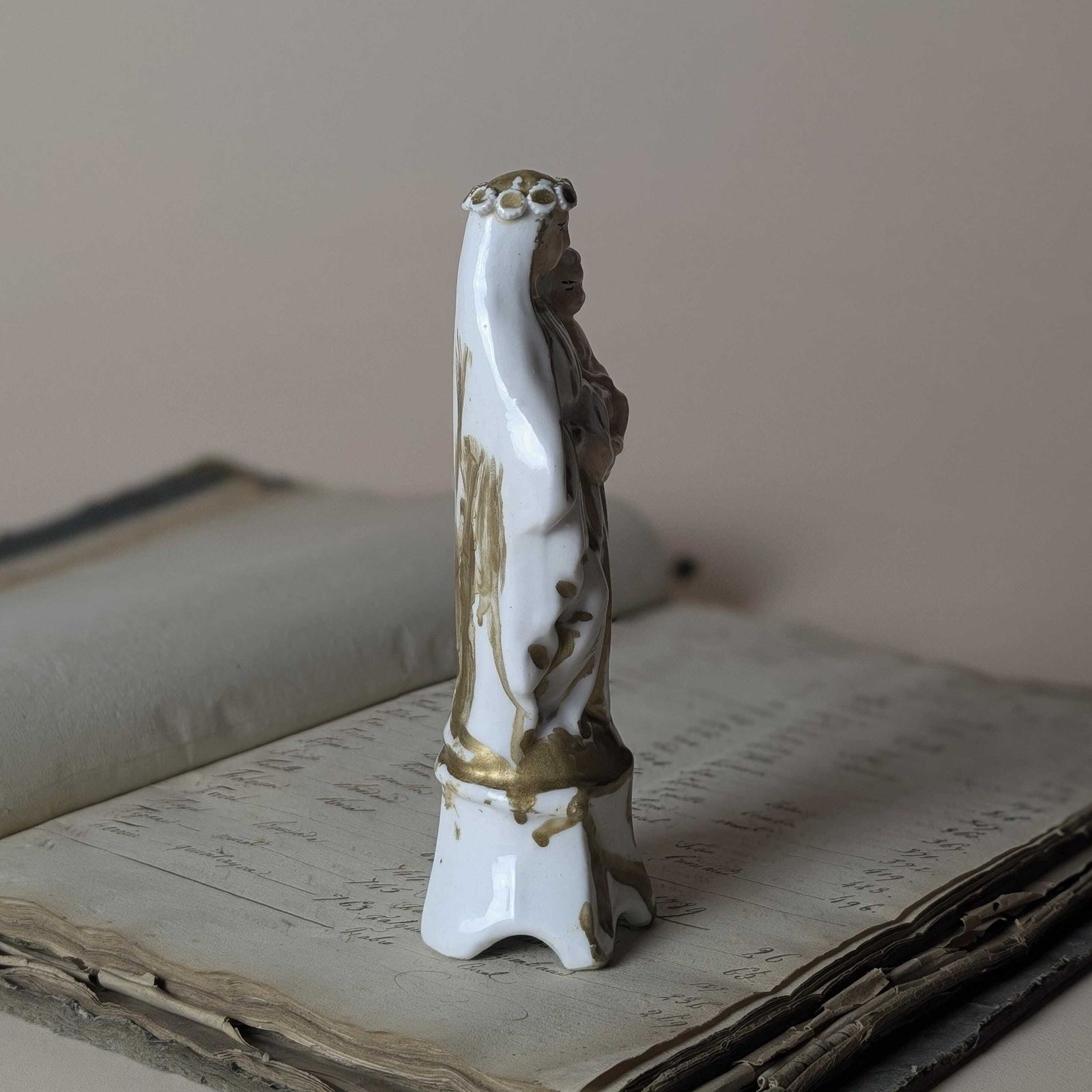 photo furniture Antique Porcelain Madonna And Child Figurine, French Gilt Vieux Paris Virgin Mary Statue, Late 19th Century Catholic Altar Decor