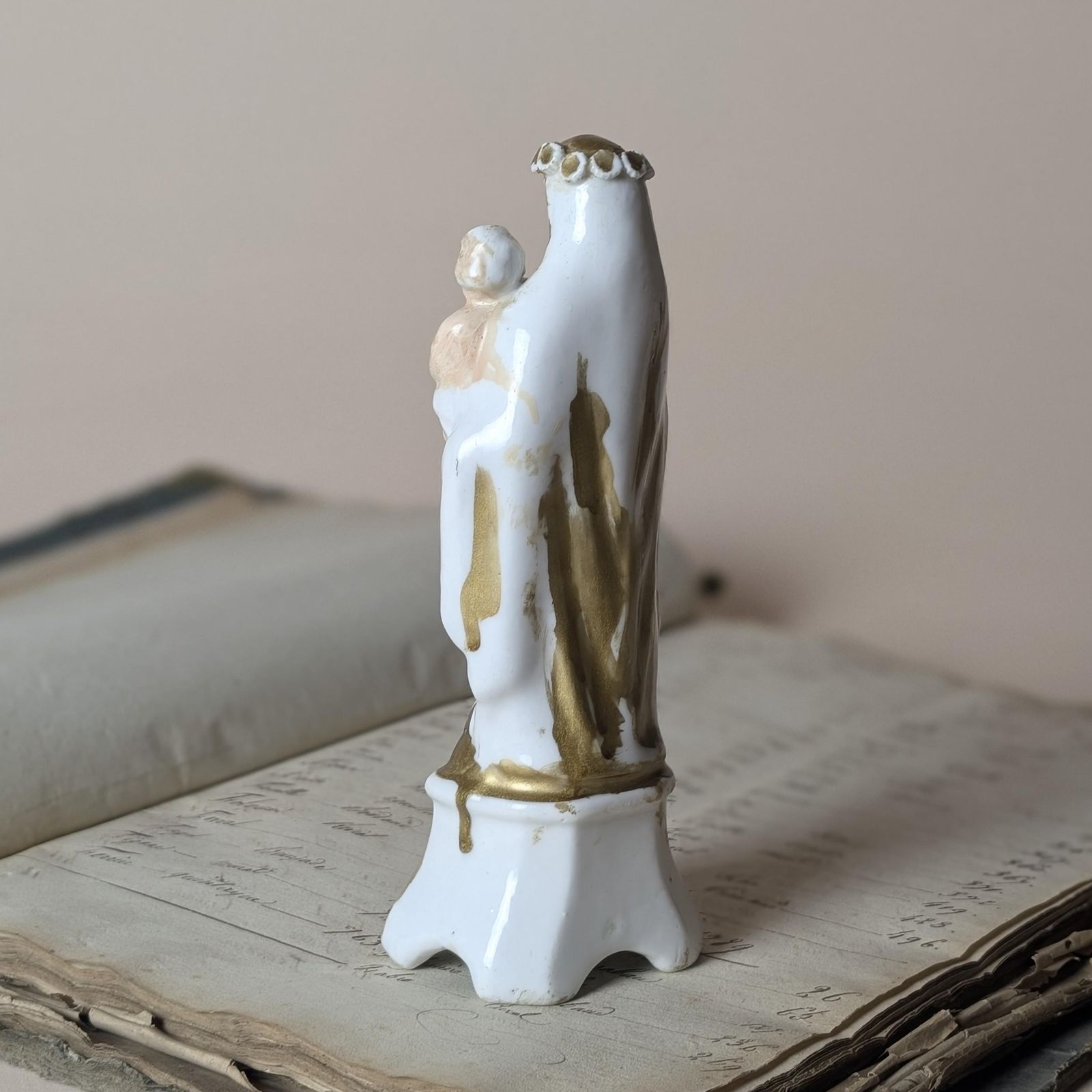 75.0 Antique Porcelain Madonna And Child Figurine, French Gilt Vieux Paris Virgin Mary Statue, Late 19th Century Catholic Altar Decor photo