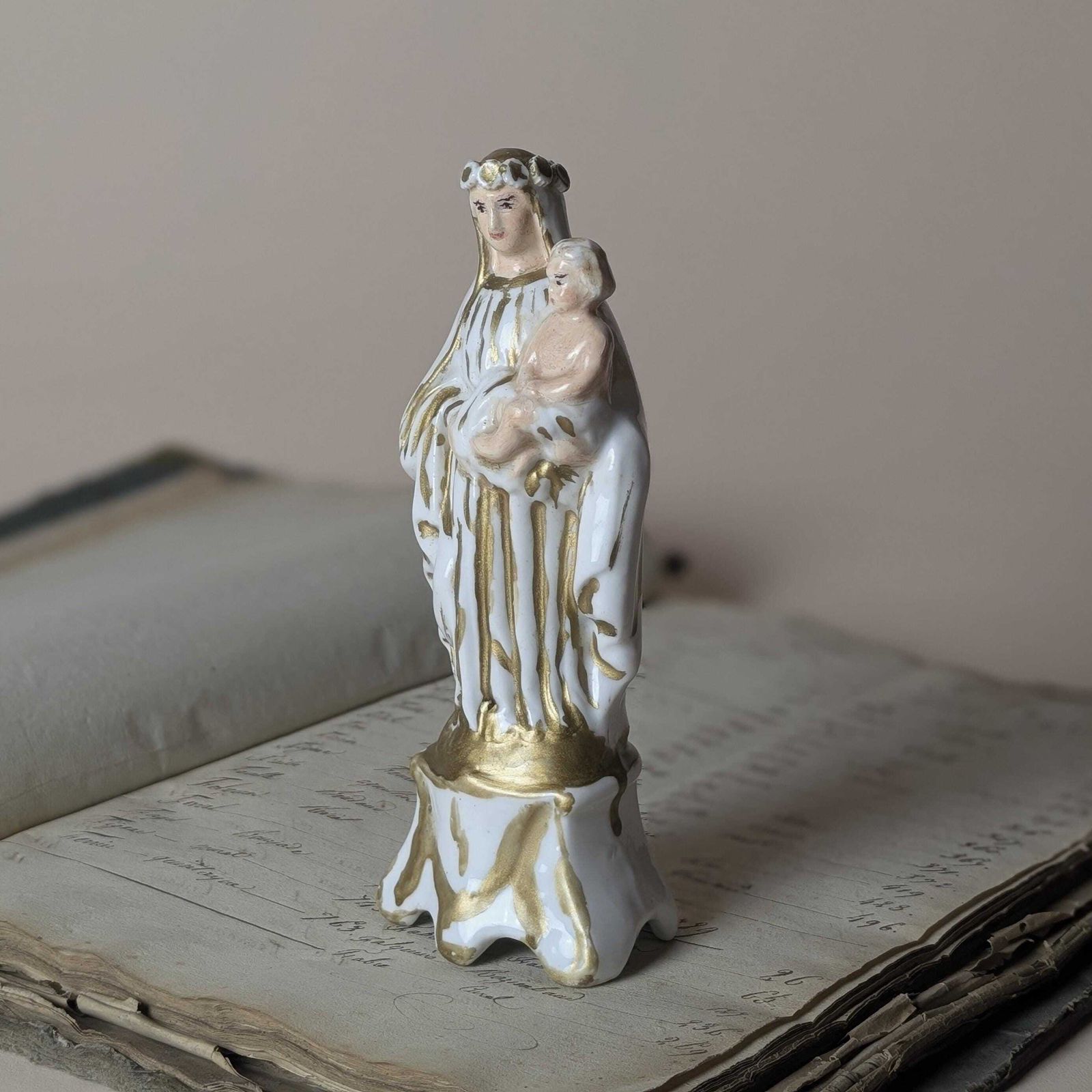 photo buy Antique Porcelain Madonna And Child Figurine, French Gilt Vieux Paris Virgin Mary Statue, Late 19th Century Catholic Altar Decor