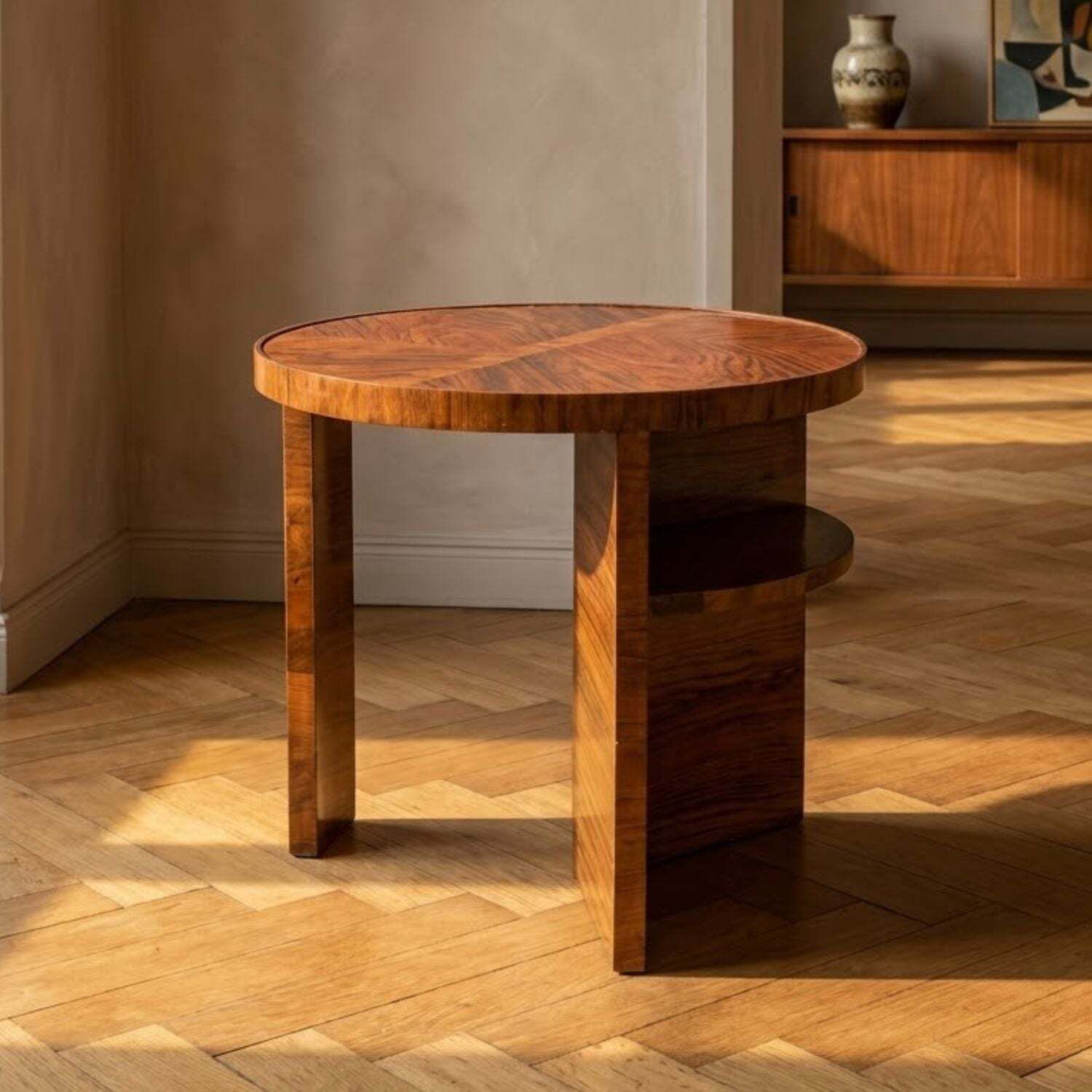 Art Deco Round Side Table With Shelf – Vintage Wood Occasional Table / Bedside Table