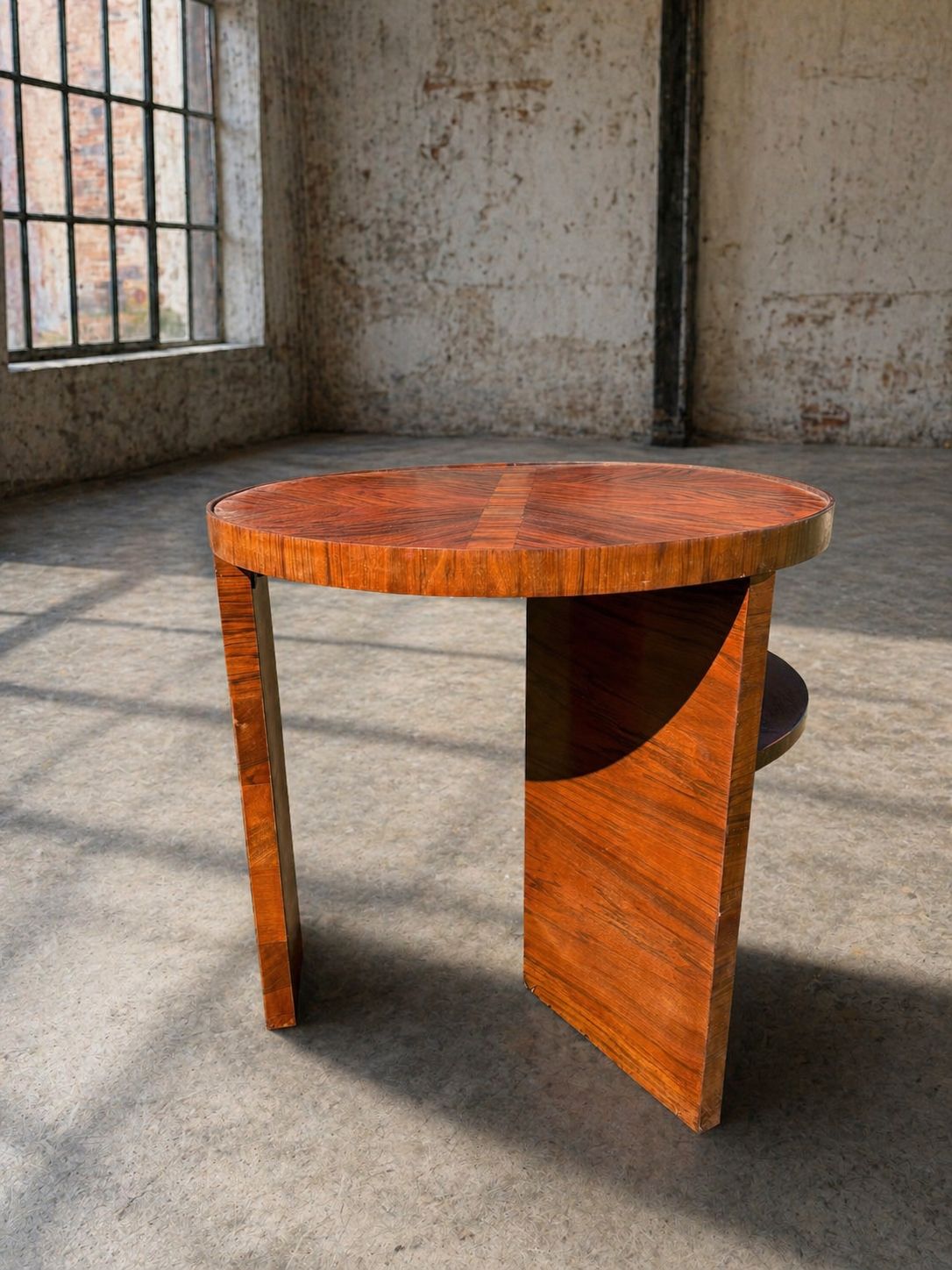 Art Deco Ronde Bijzettafel Met Plank – Vintage Houten Occasionaltafel / Nachttafel photo buy
