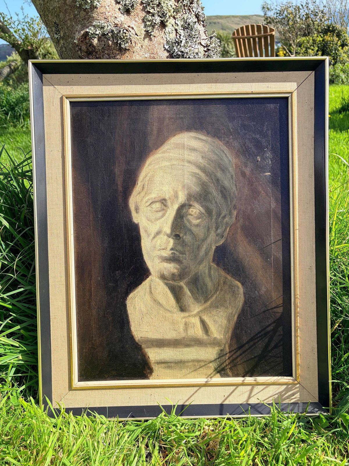 Vintage Oil Portrait Painting, Dark Academia Wall Art, Moody Antique Style Framed Portrait, Character Artwork photo furniture