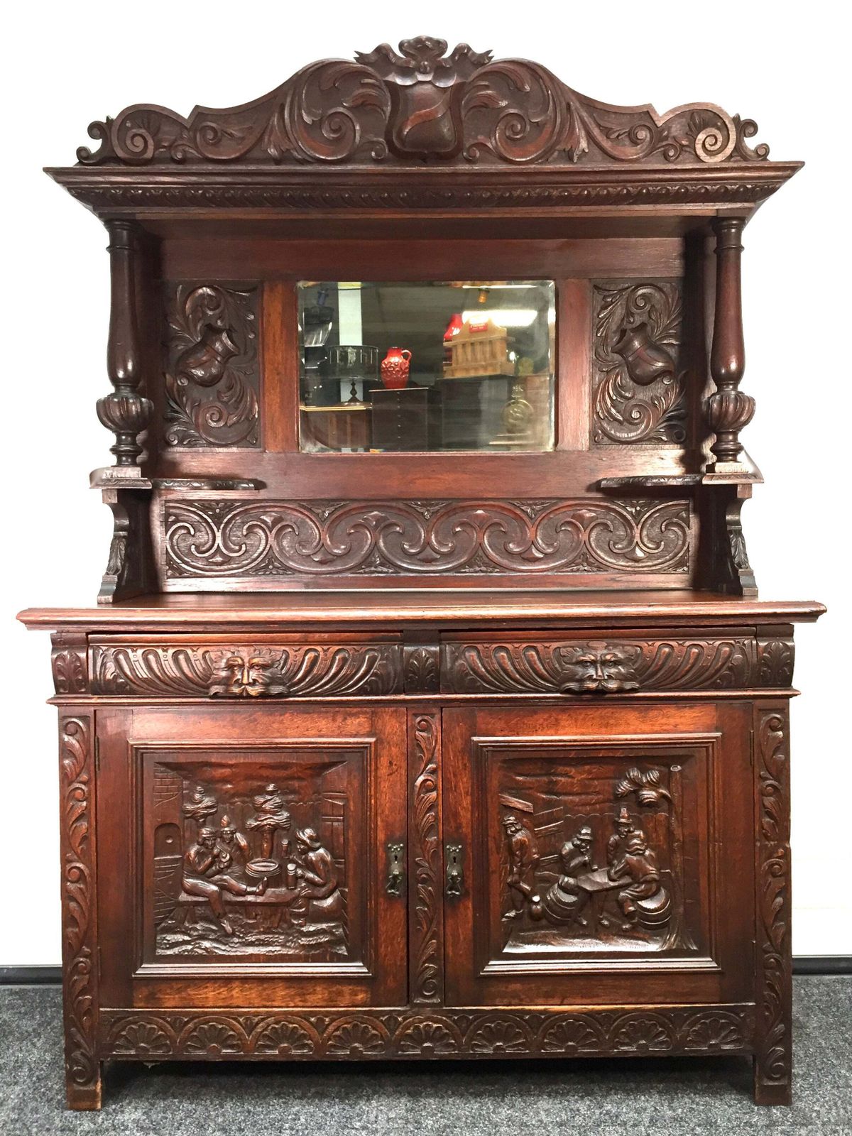 Antique 19th Century Carved Wooden Oak Green Man Dresser Sideboard With Mirror photo furniture