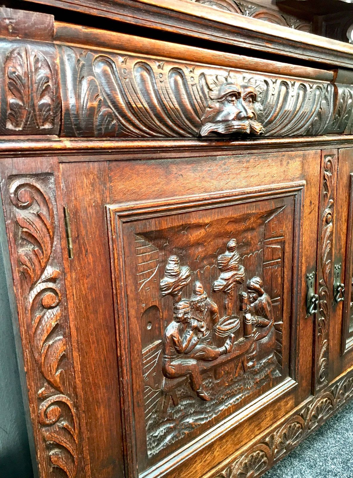 Antique 19th Century Carved Wooden Oak Green Man Dresser Sideboard With Mirror photo for sale