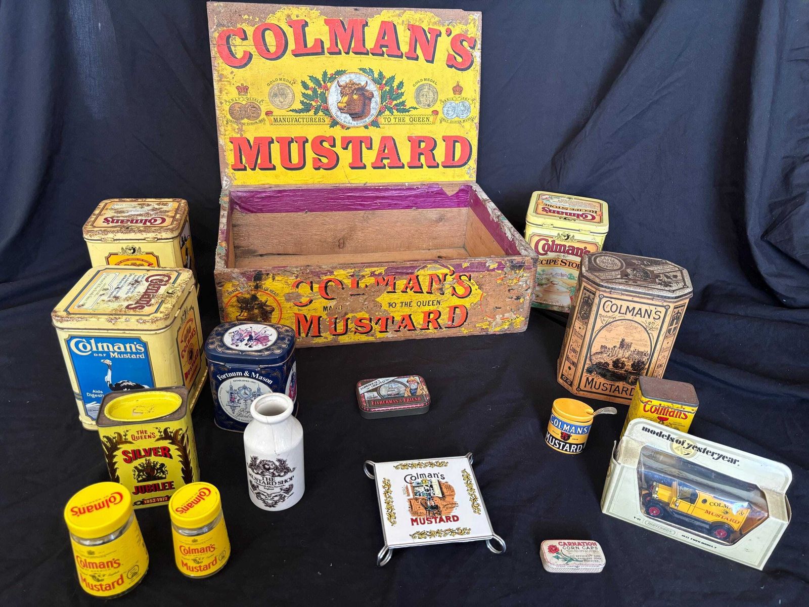 Antique Colman's Mustard Wooden Box Shop Display With Tins And Jars