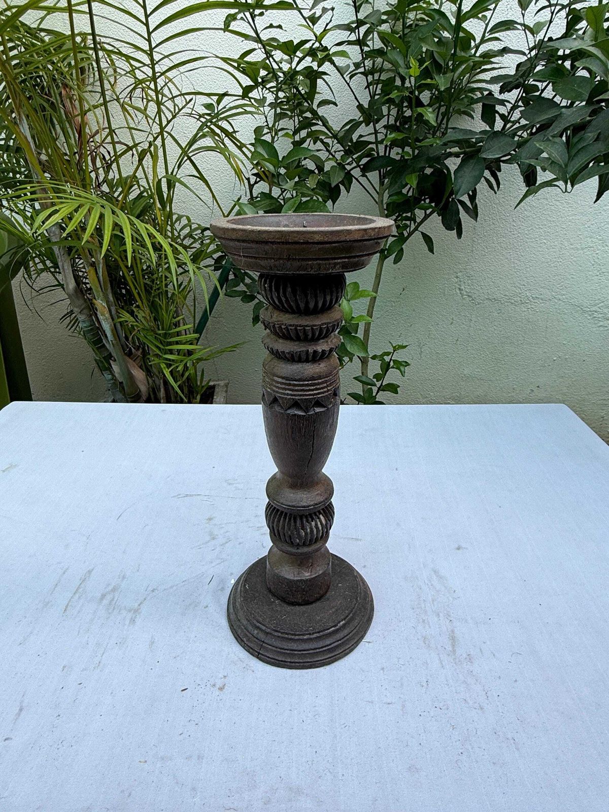 Reclaimed Wood Candle Holder | Hand Carved Antique Pillar Stand, Farmhouse Centerpiece photo for sale