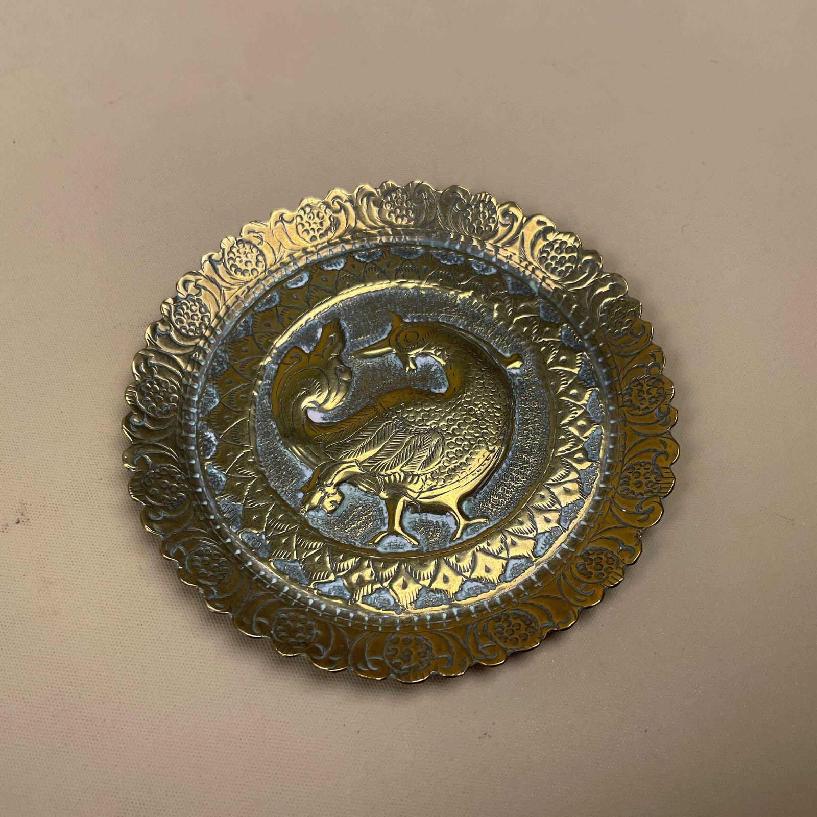 Indian Patterned Brass Tray Antique Metal Gold 10cm Plate Asian Handmade Etched Intricate Decorative Pattern Wall Art Round Vintage Circle