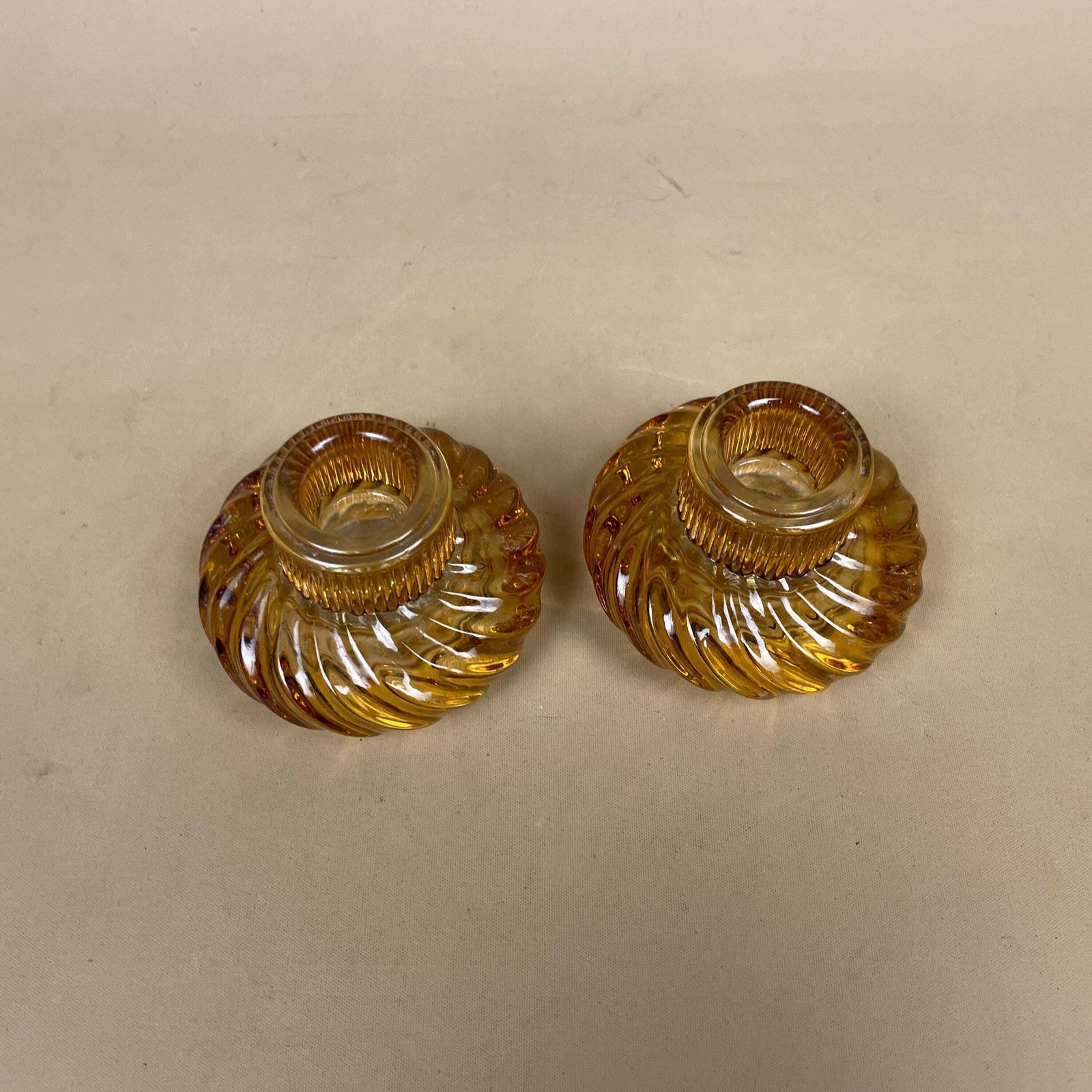 Vintage Pair Of Matching Amber Glass Candlestick Candle Stick Holder Lights Vintage Taper Dinner Candlesticks Round Base Tea Light Holders photo 50.0