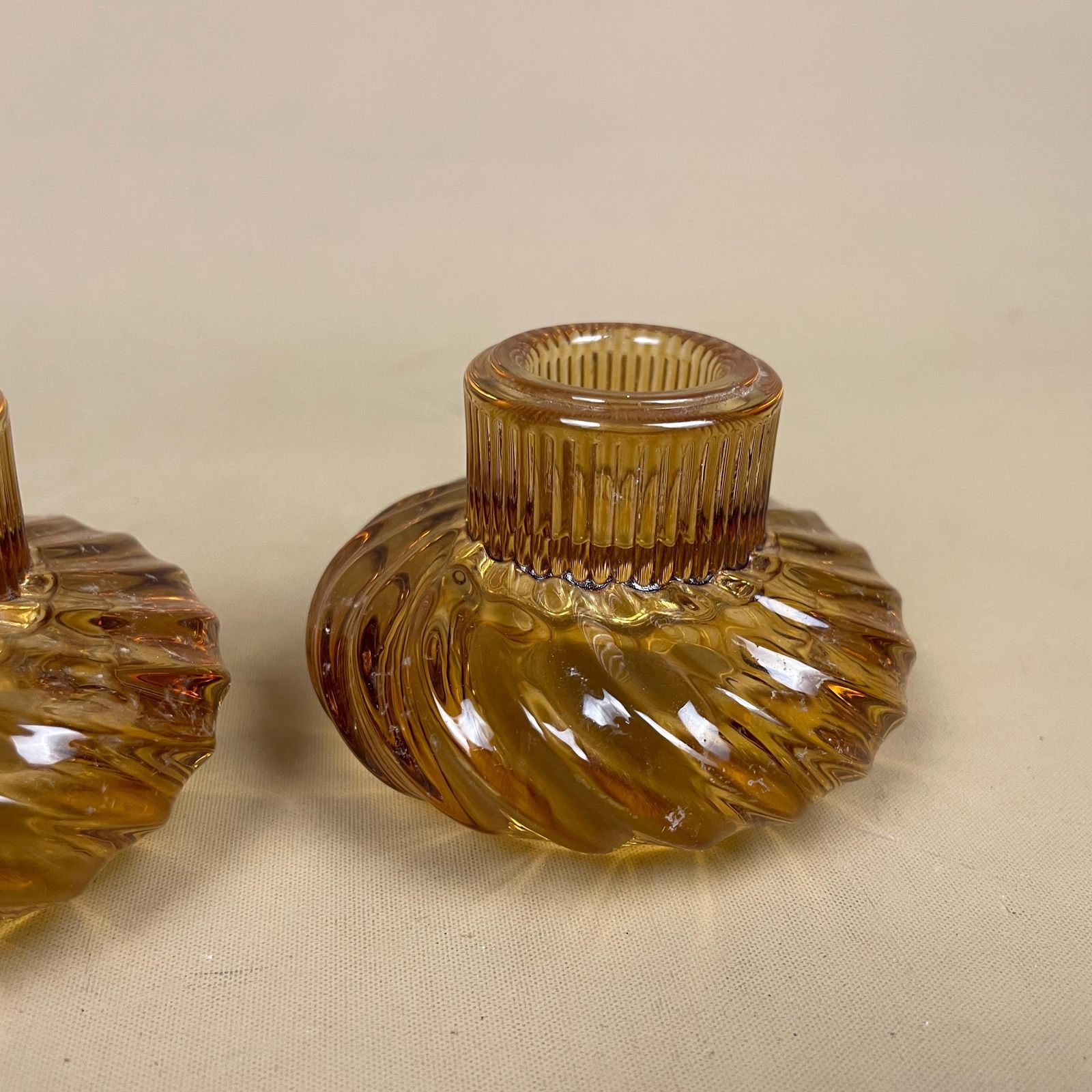 Vintage Pair Of Matching Amber Glass Candlestick Candle Stick Holder Lights Vintage Taper Dinner Candlesticks Round Base Tea Light Holders photo buy