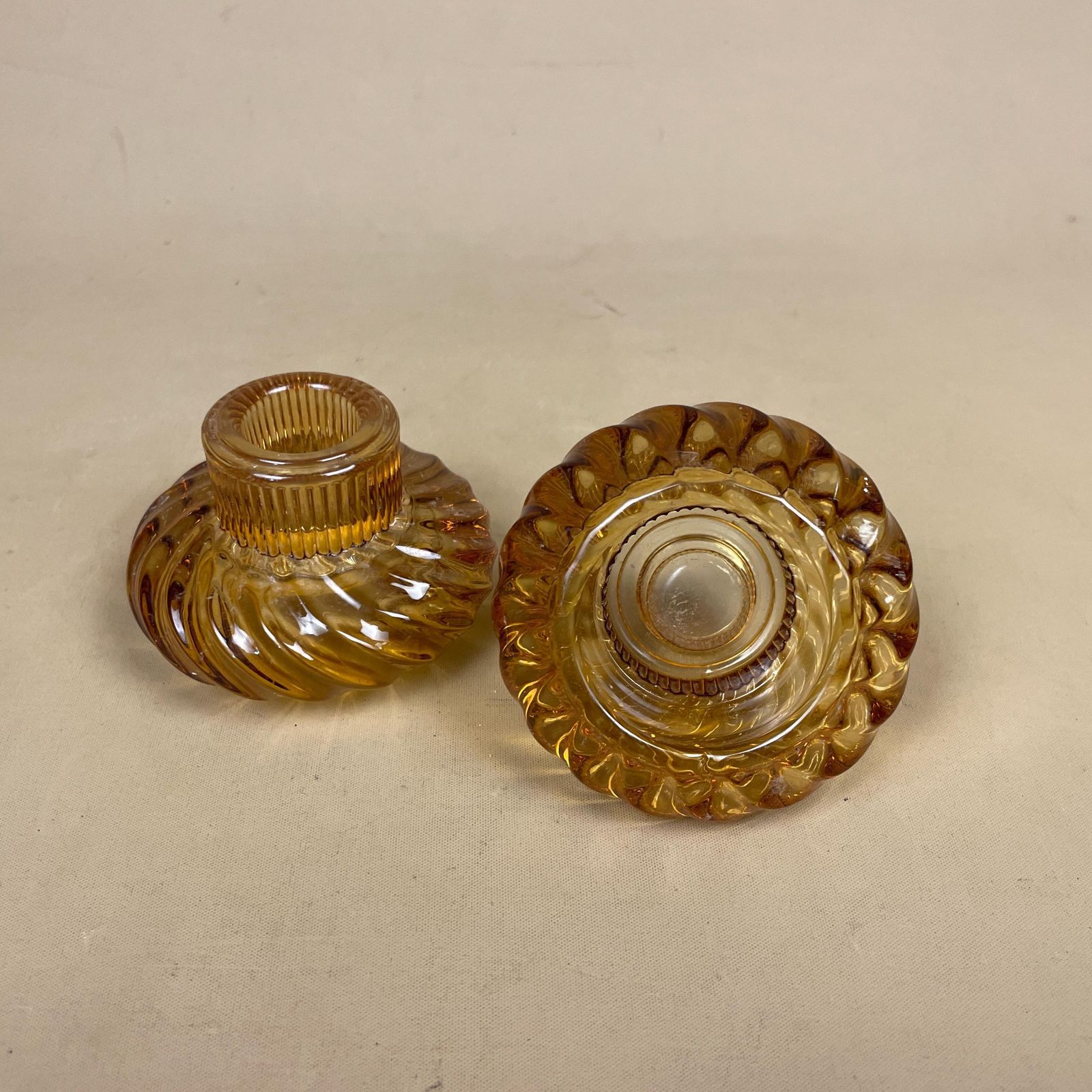 Vintage Pair Of Matching Amber Glass Candlestick Candle Stick Holder Lights Vintage Taper Dinner Candlesticks Round Base Tea Light Holders photo vintage
