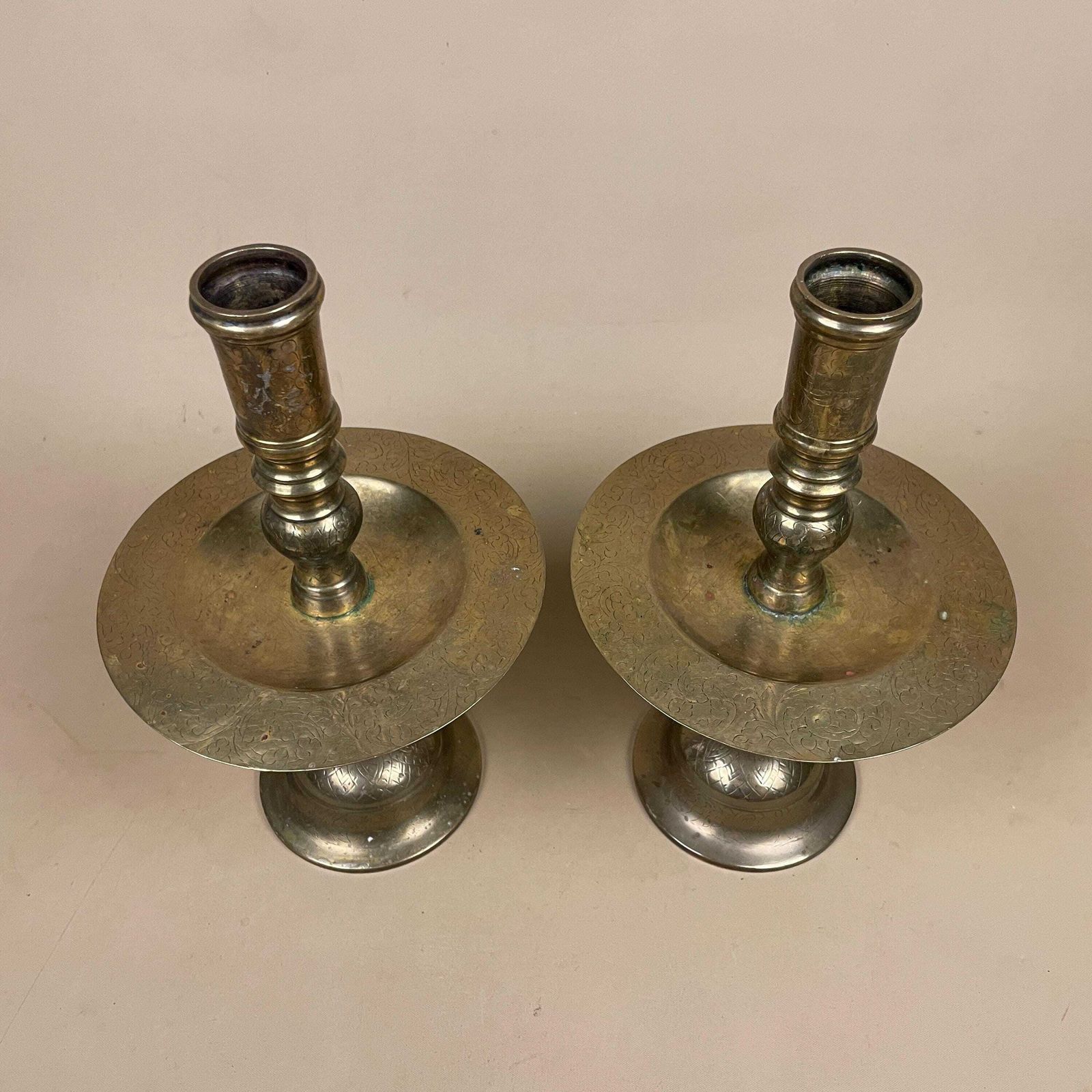 Antique Matching Pair Of Gold Brass Metal Candlestick Candle Stick Holders Holder Vintage Round Taper Dinner Candlesticks Engraved Indian photo vinterior