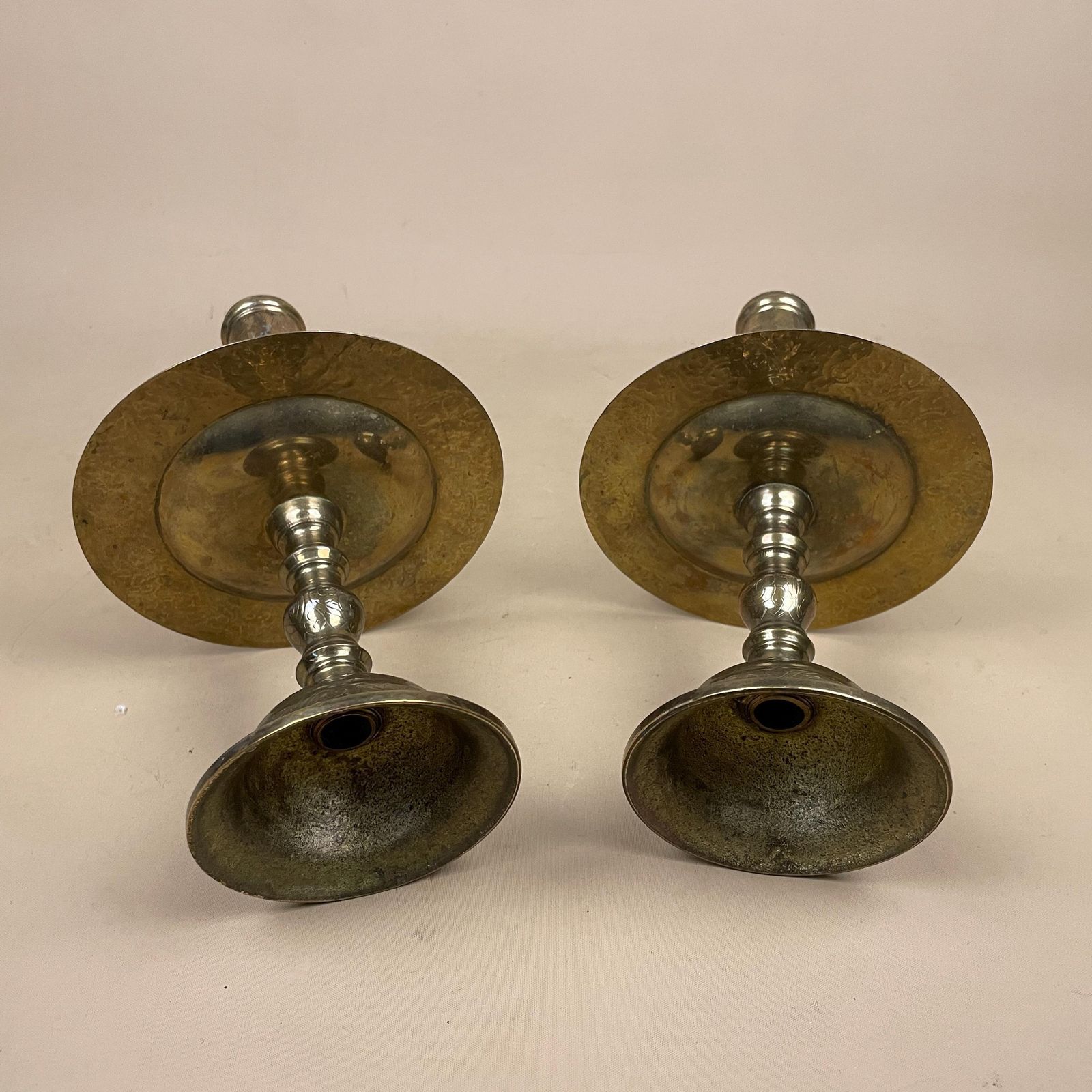 Antique Matching Pair Of Gold Brass Metal Candlestick Candle Stick Holders Holder Vintage Round Taper Dinner Candlesticks Engraved Indian photo vintage