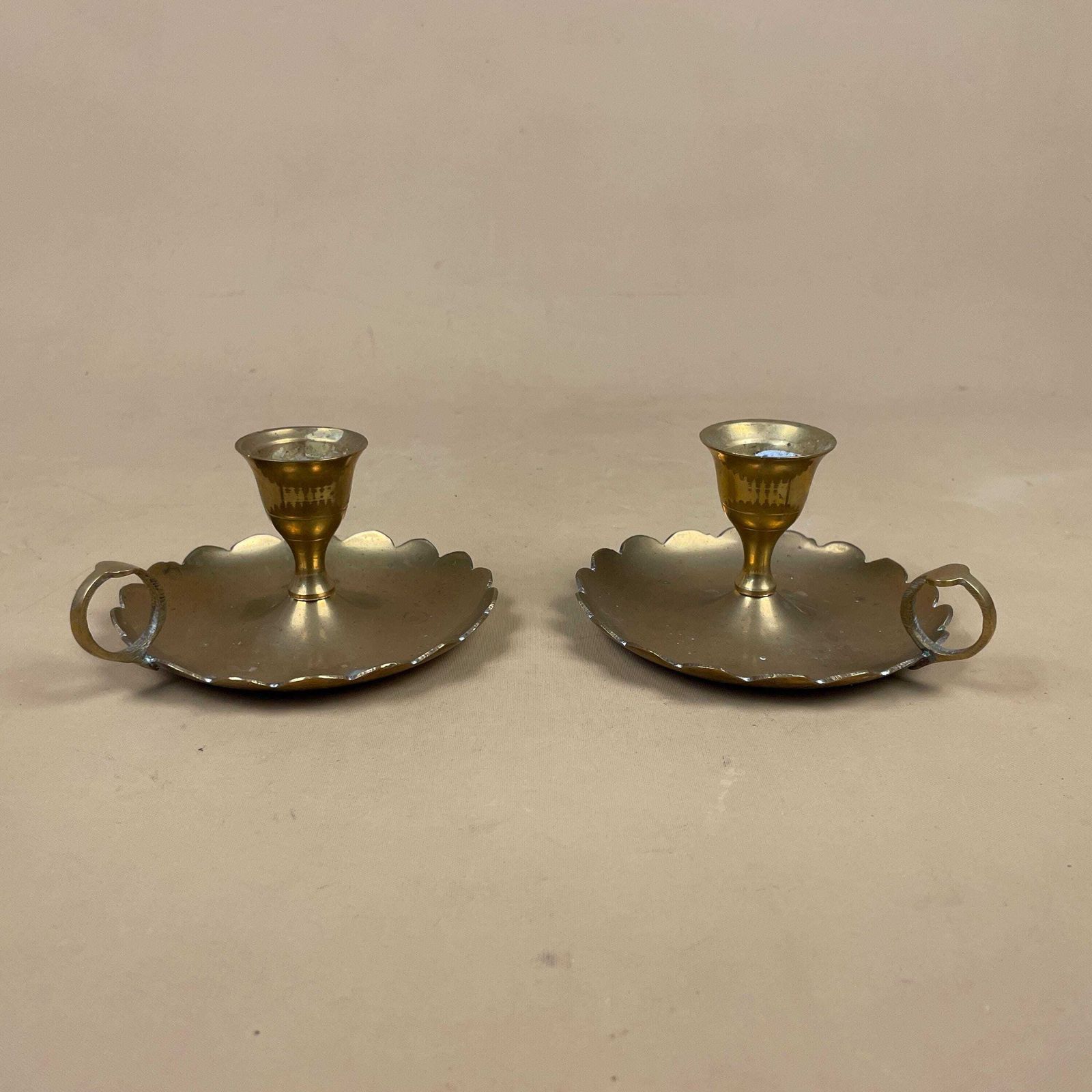 Pair Of Antique Gold Brass Metal Candlestick Chamber Candle Stick Holder Handle Round Base Vintage Round Handle Taper Scalloped Candles photo furniture