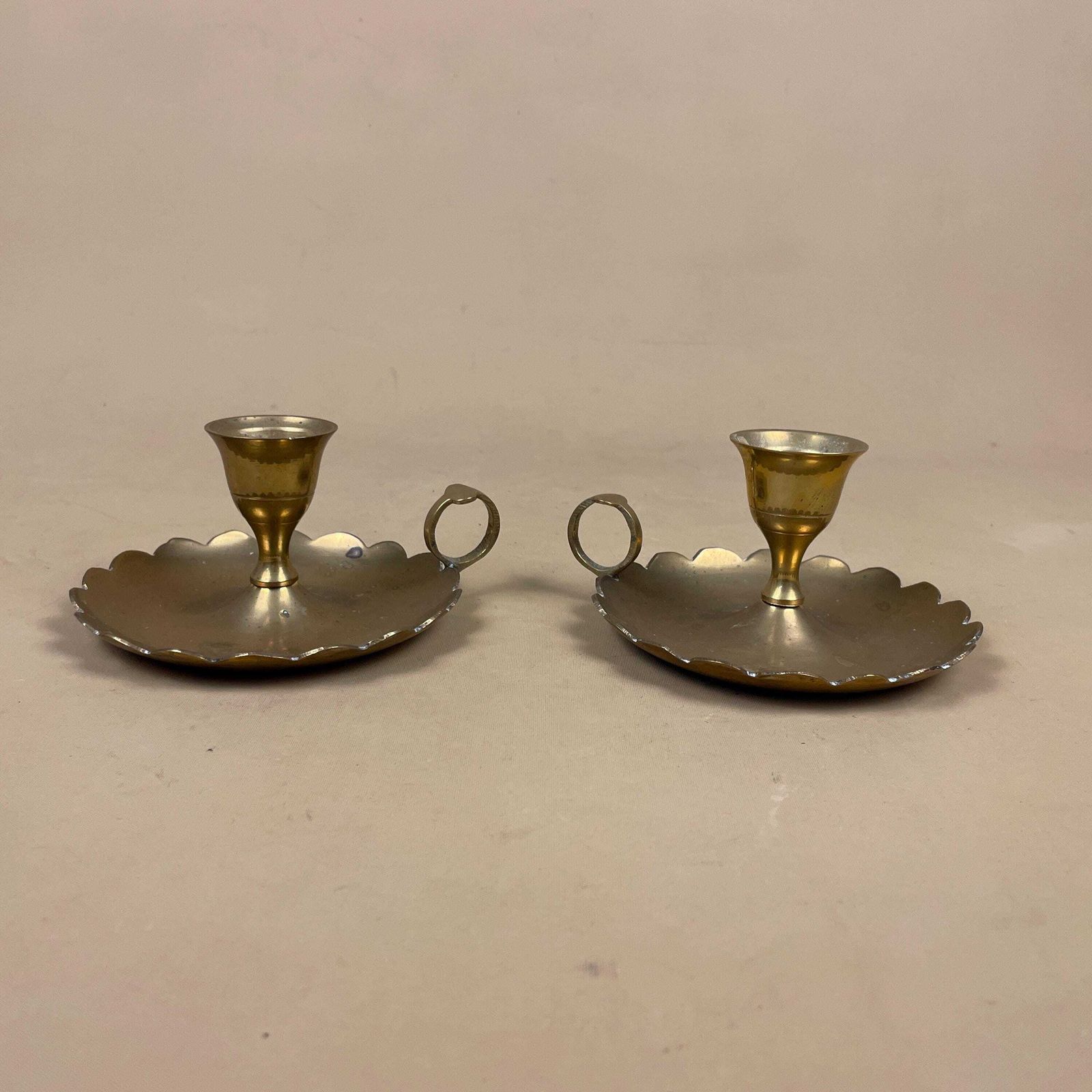Pair Of Antique Gold Brass Metal Candlestick Chamber Candle Stick Holder Handle Round Base Vintage Round Handle Taper Scalloped Candles photo for sale