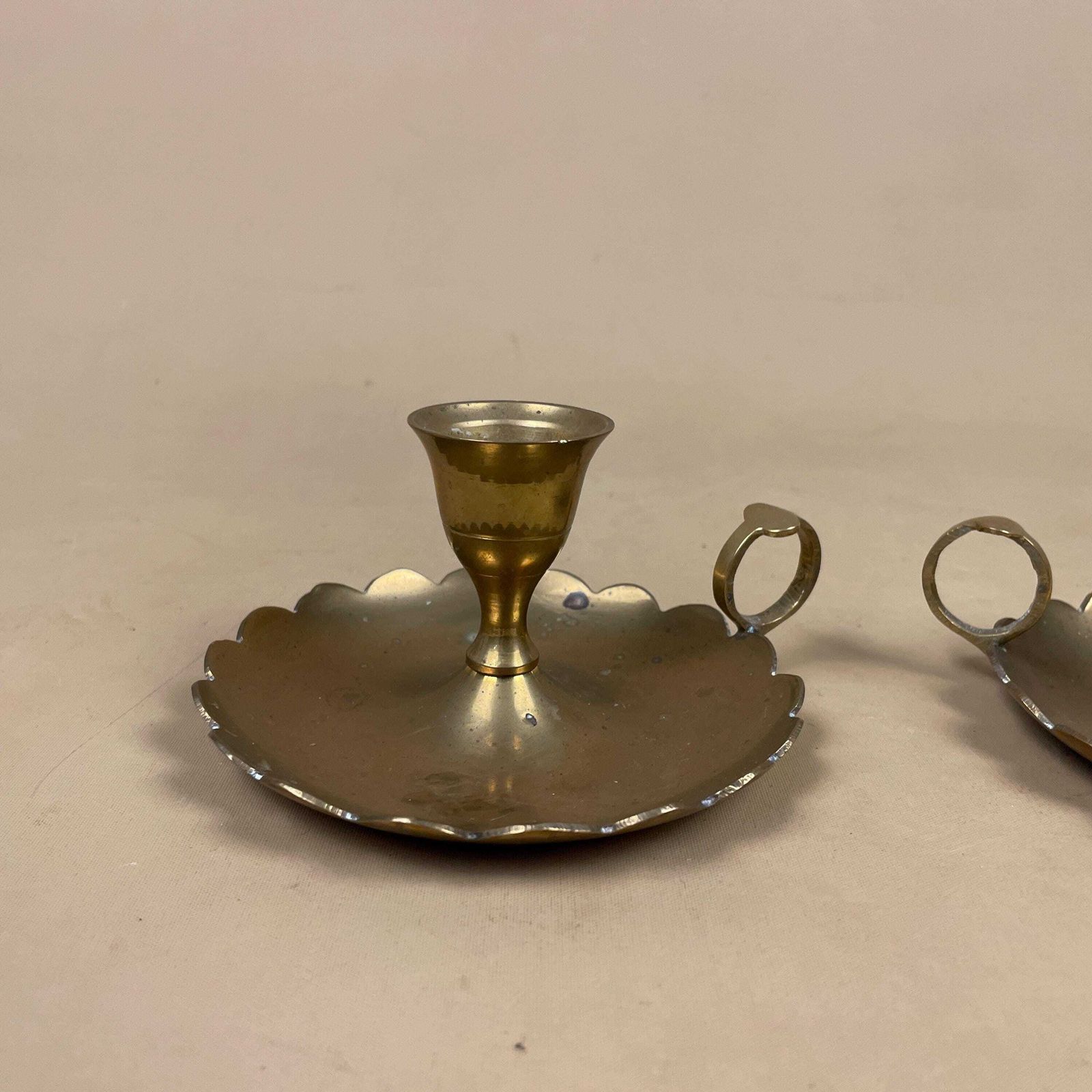 Pair Of Antique Gold Brass Metal Candlestick Chamber Candle Stick Holder Handle Round Base Vintage Round Handle Taper Scalloped Candles photo Home Decor