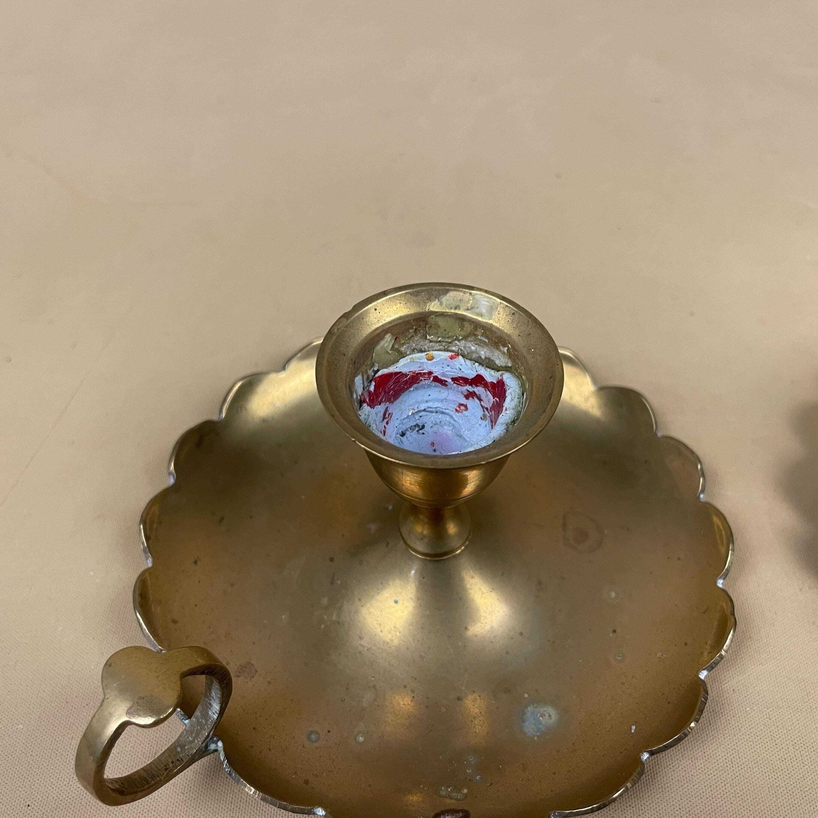 Pair Of Antique Gold Brass Metal Candlestick Chamber Candle Stick Holder Handle Round Base Vintage Round Handle Taper Scalloped Candles photo buy