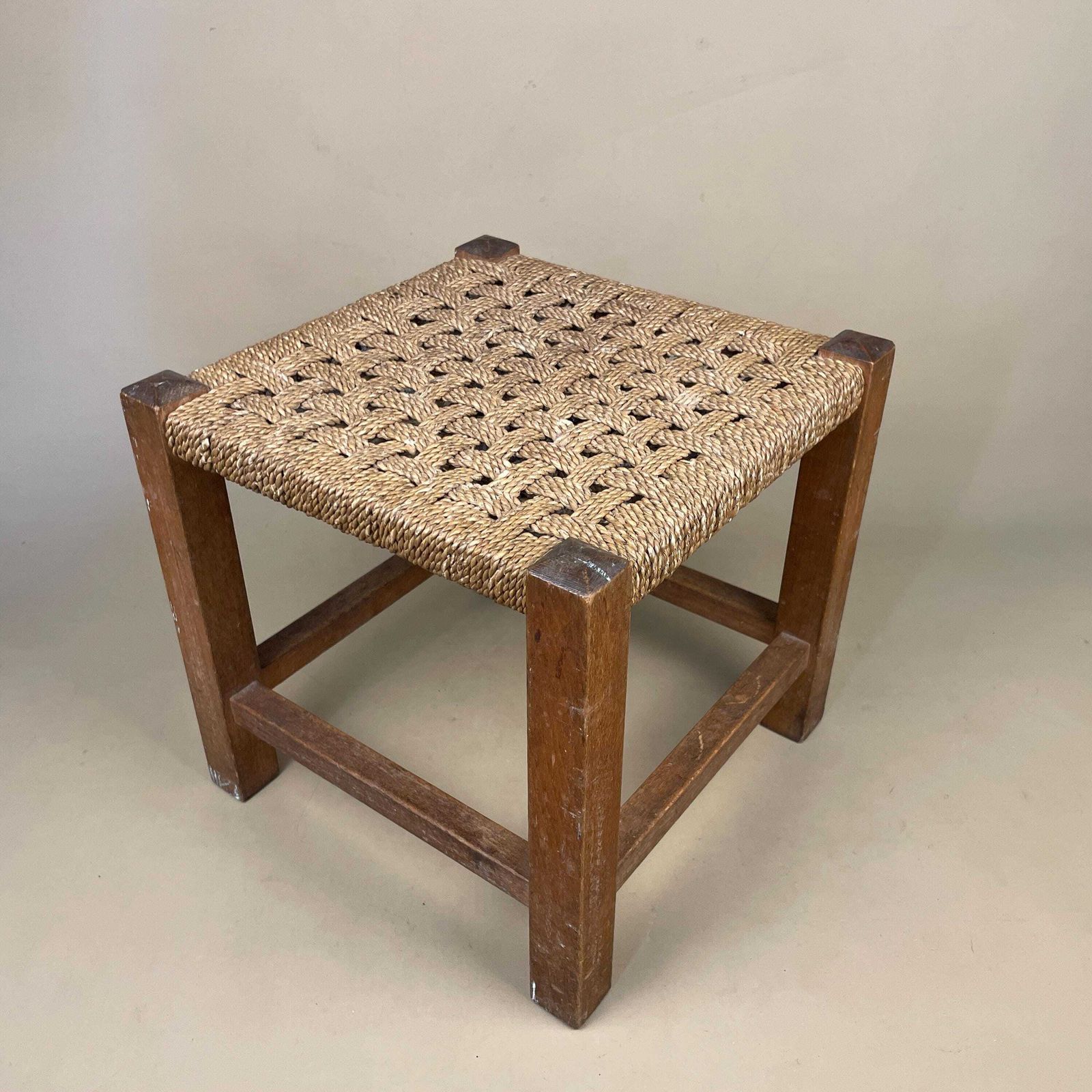 Antique Wooden Foot Stool Woven String Wood Cottage Furniture Square Brown Hallway Seat 29x30x30cm Footstool Bench Natural Rush Seat photo for sale