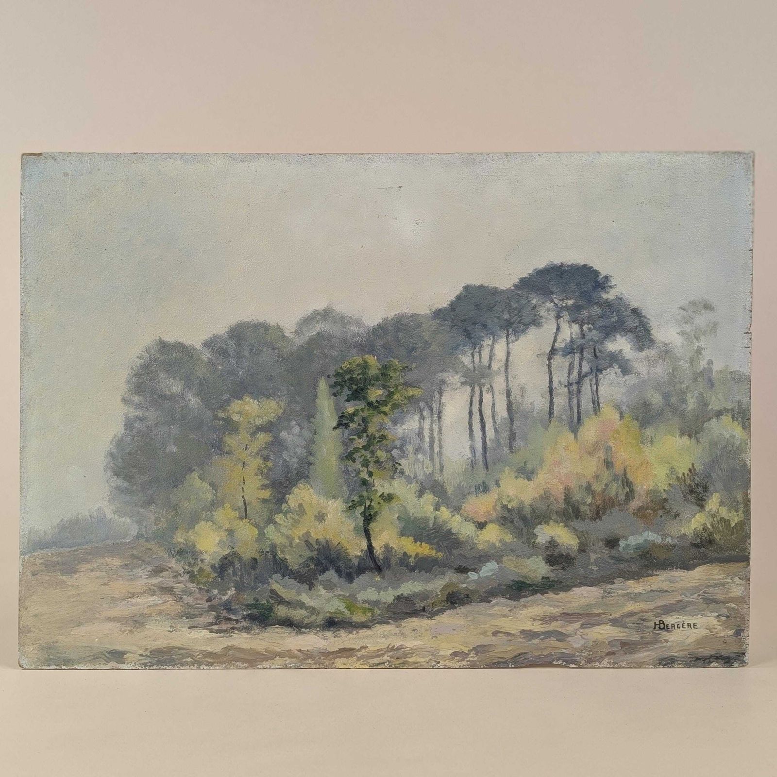 French Impressionist Oil Landscape Painting, Signed Hubert Bergère, Pine Trees On Wood Panel, Mid Century Country Art