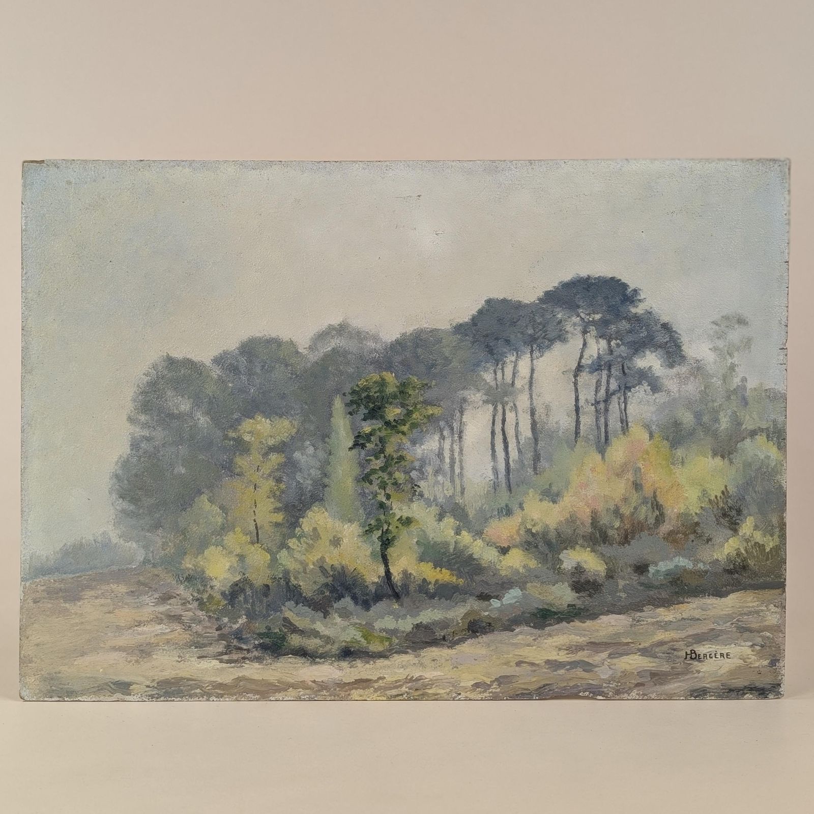 photo for sale French Impressionist Oil Landscape Painting, Signed Hubert Bergère, Pine Trees On Wood Panel, Mid Century Country Art