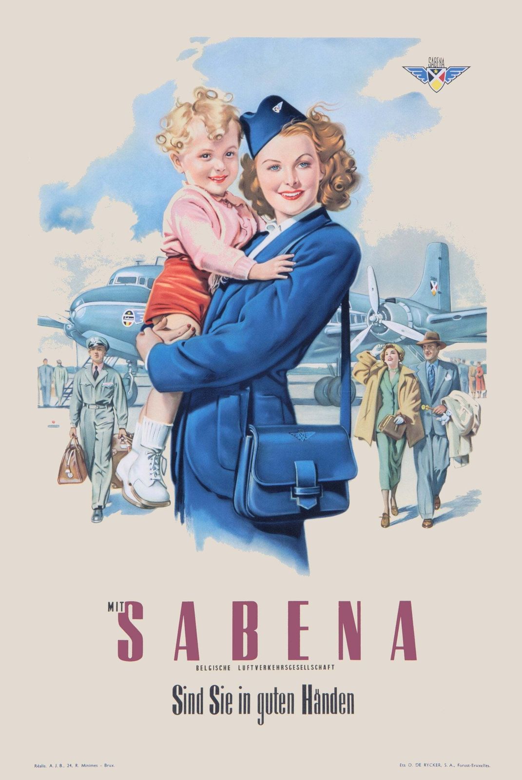Sabena Belgian Air Lines Vintage Aviation Poster C1950