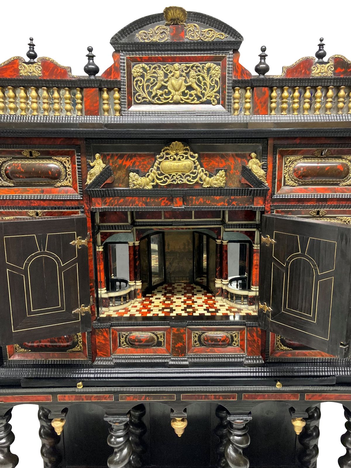 photo for sale A Fine Late XVII Century Flemish Tortoiseshell Architectural Cabinet On Stand