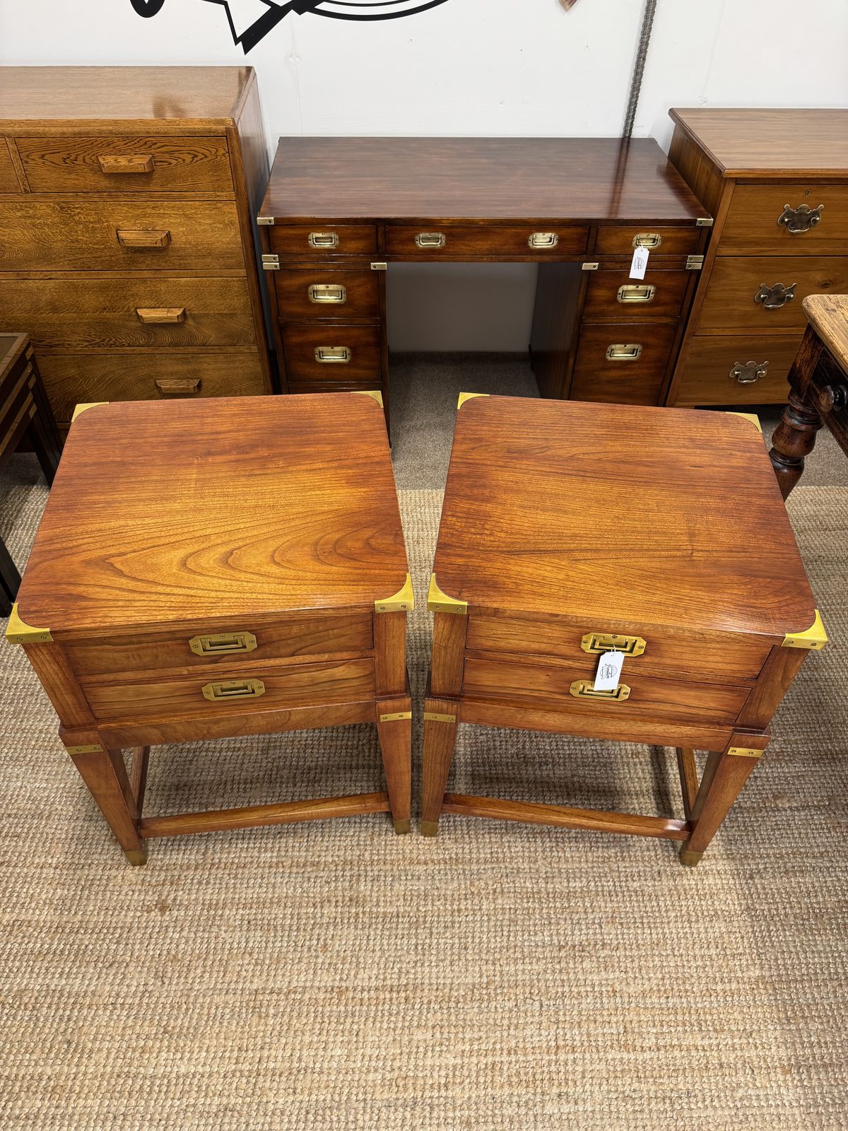 Pair Of Campaign Style Hardwood Bedside Tables photo Furniture