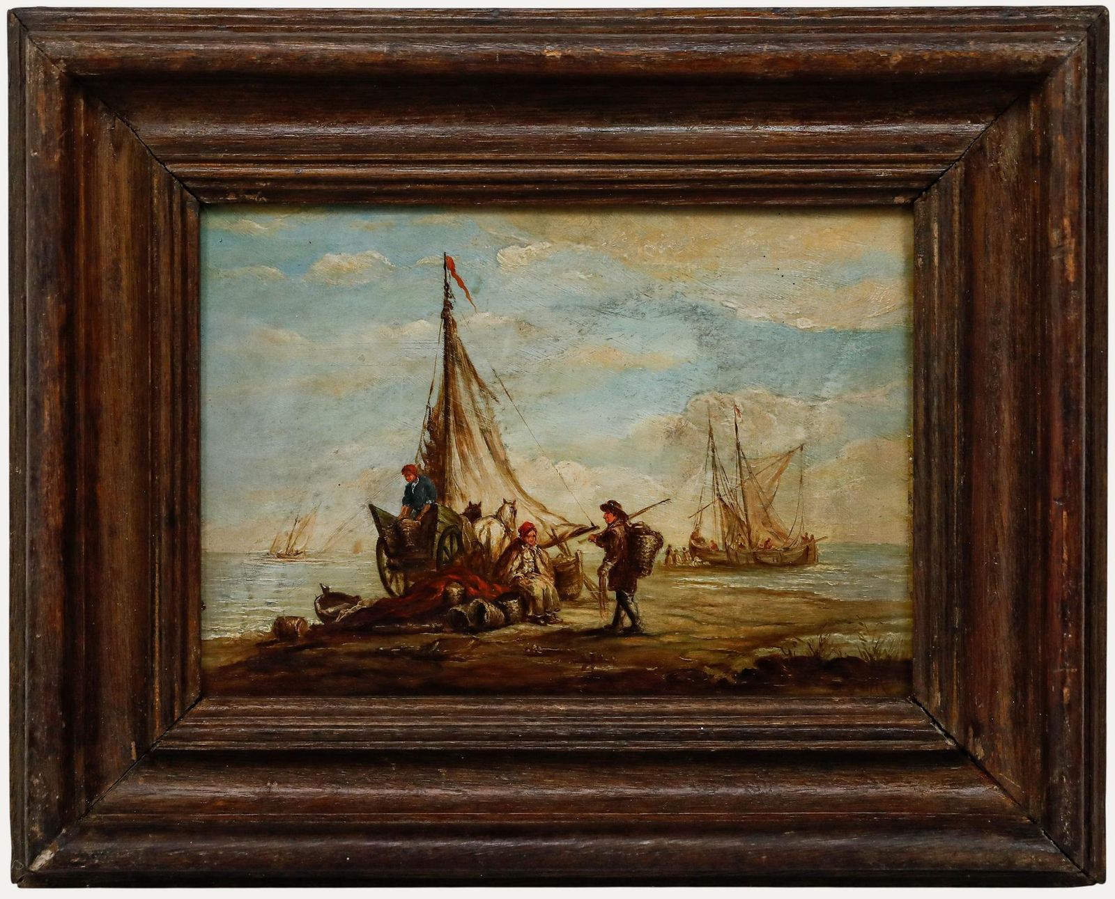 Framed 19th Century Oil Fishermen At Low Tide
