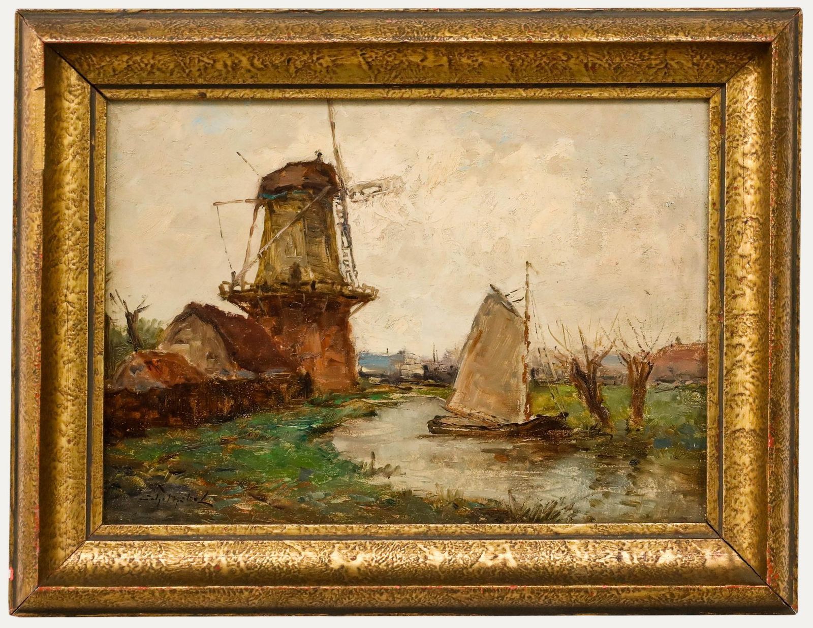 Josef Helmut Schilhabel (1896 1970) Framed Oil, Dutch Mill By The Canal