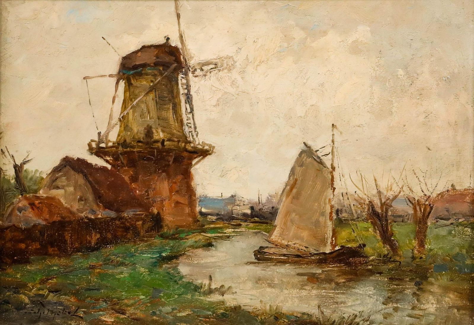 Josef Helmut Schilhabel (1896 1970) Framed Oil, Dutch Mill By The Canal photo furniture