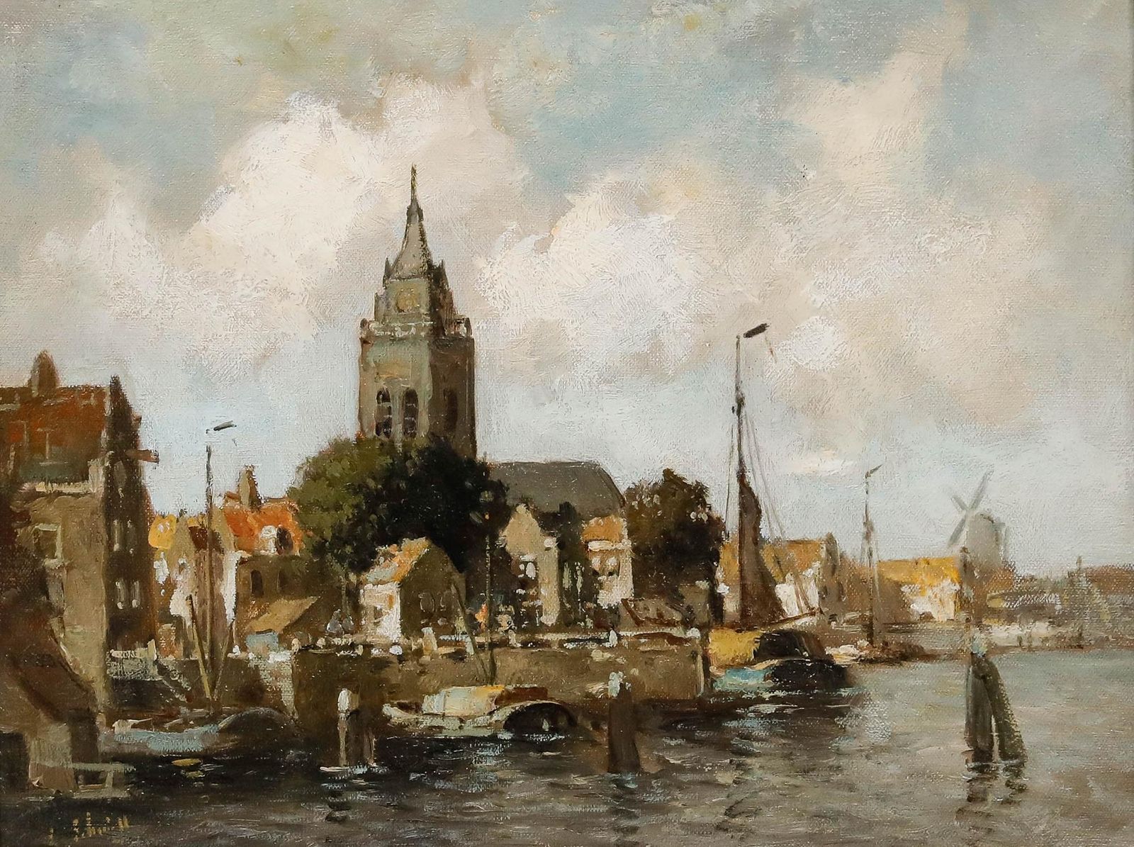L. Schmitt Framed Early 20th Century Oil, View Of A Dutch Town photo furniture