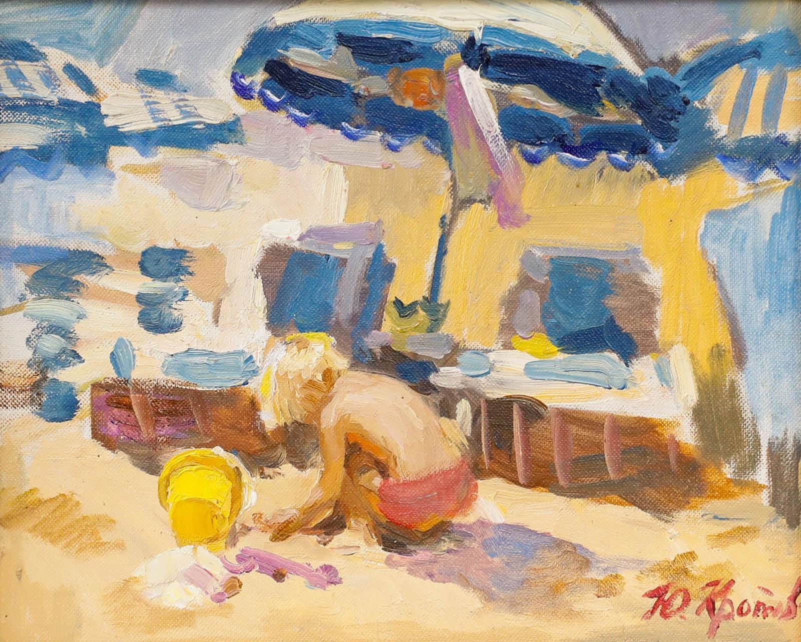 Youri Krotov (B.1984) Framed 20th Century Oil, Playing Under The Parasol photo furniture