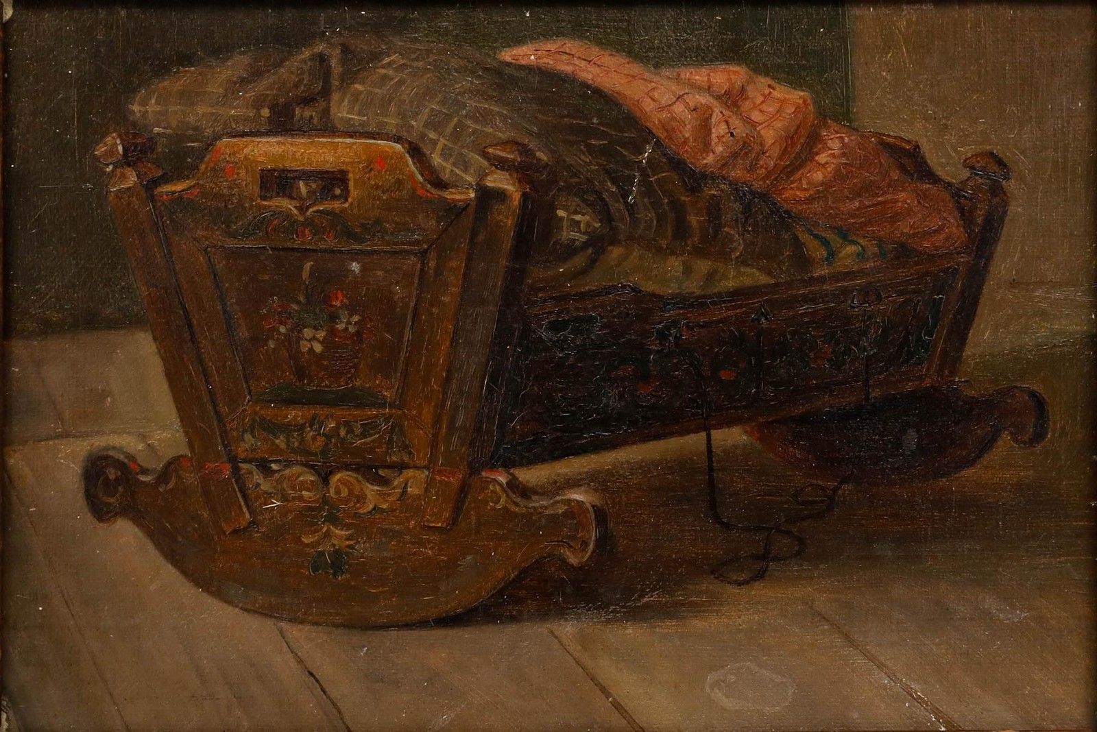 Attrib. Hermann Sondermann (1832 1901) Folk Art Oil, The Farmer's Cradle photo furniture