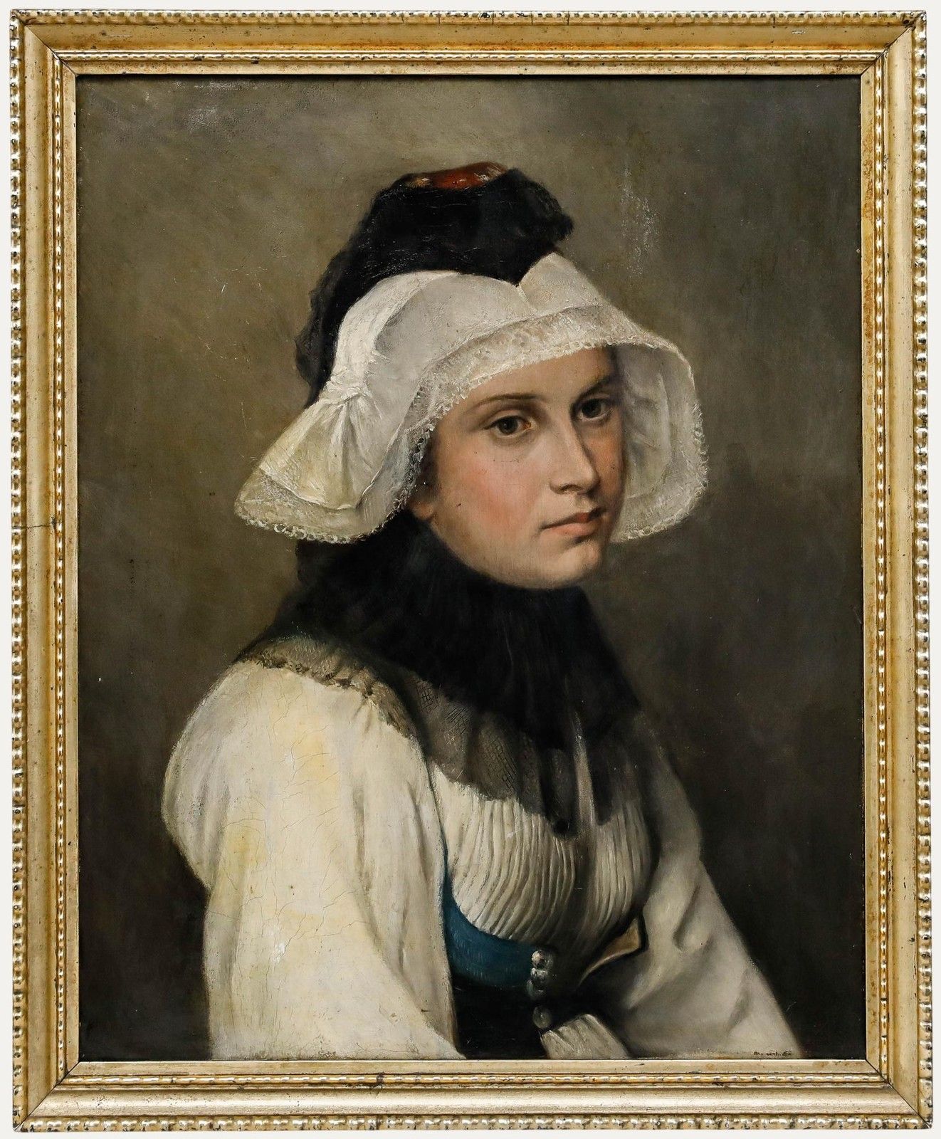 Mid 19th Century Oil Lady In A Dutch Bonnet
