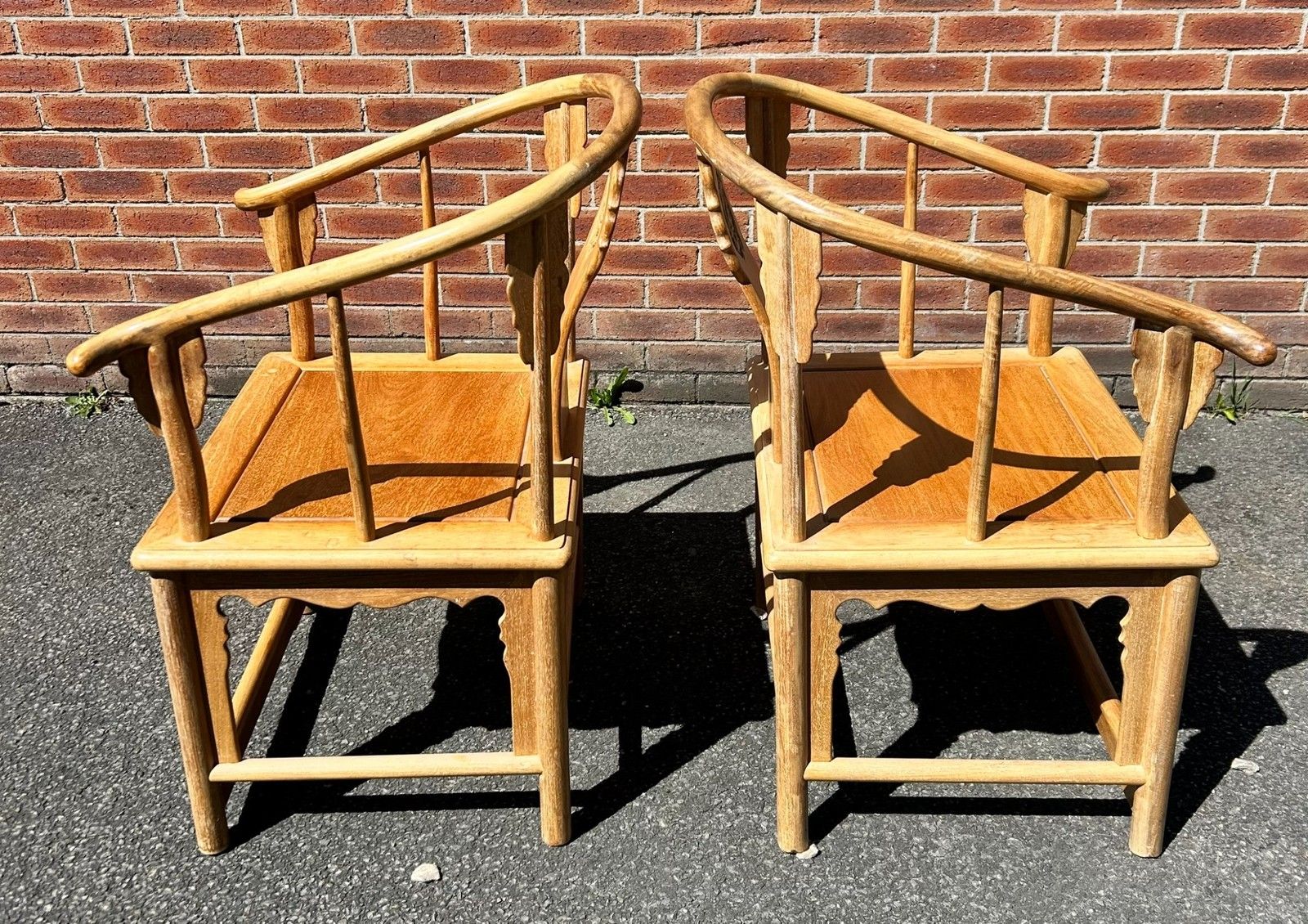 Furniture Pair Of Quality Ming Style Chinese Oriental Elm Wishbone Bentwood Arm Chairs photo