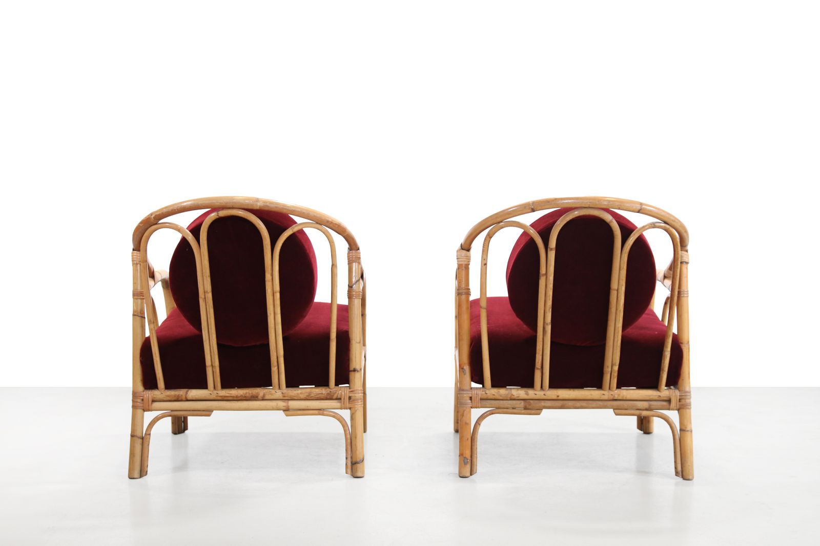Set Of 2 Bamboo And Rattan Armchairs With Bordeaux Red Mohair photo Furniture