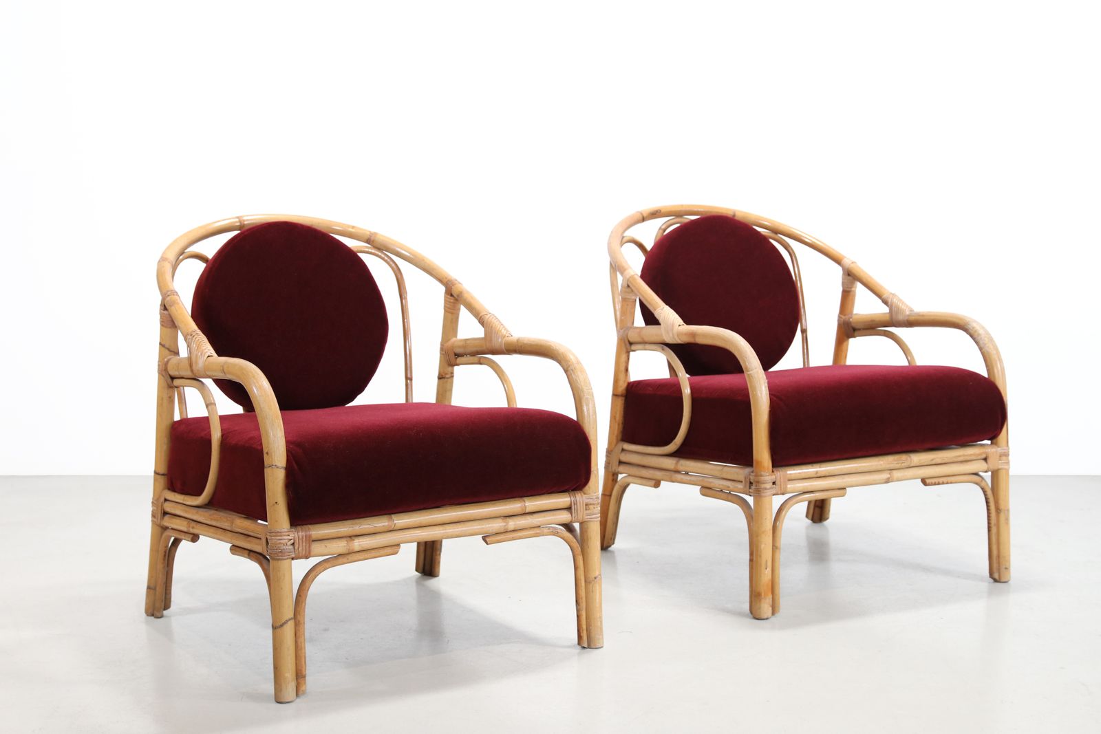 Set Of 2 Bamboo And Rattan Armchairs With Bordeaux Red Mohair photo 1092.0