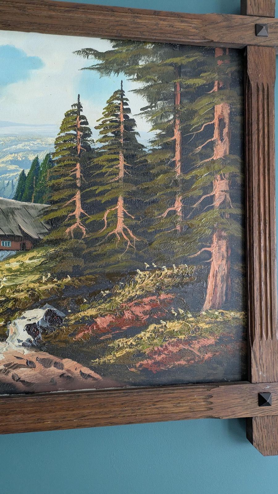 Vintage Large Alpine Landscape Oil Painting | Hand Painted Mountain Chalet Scene photo 155.0