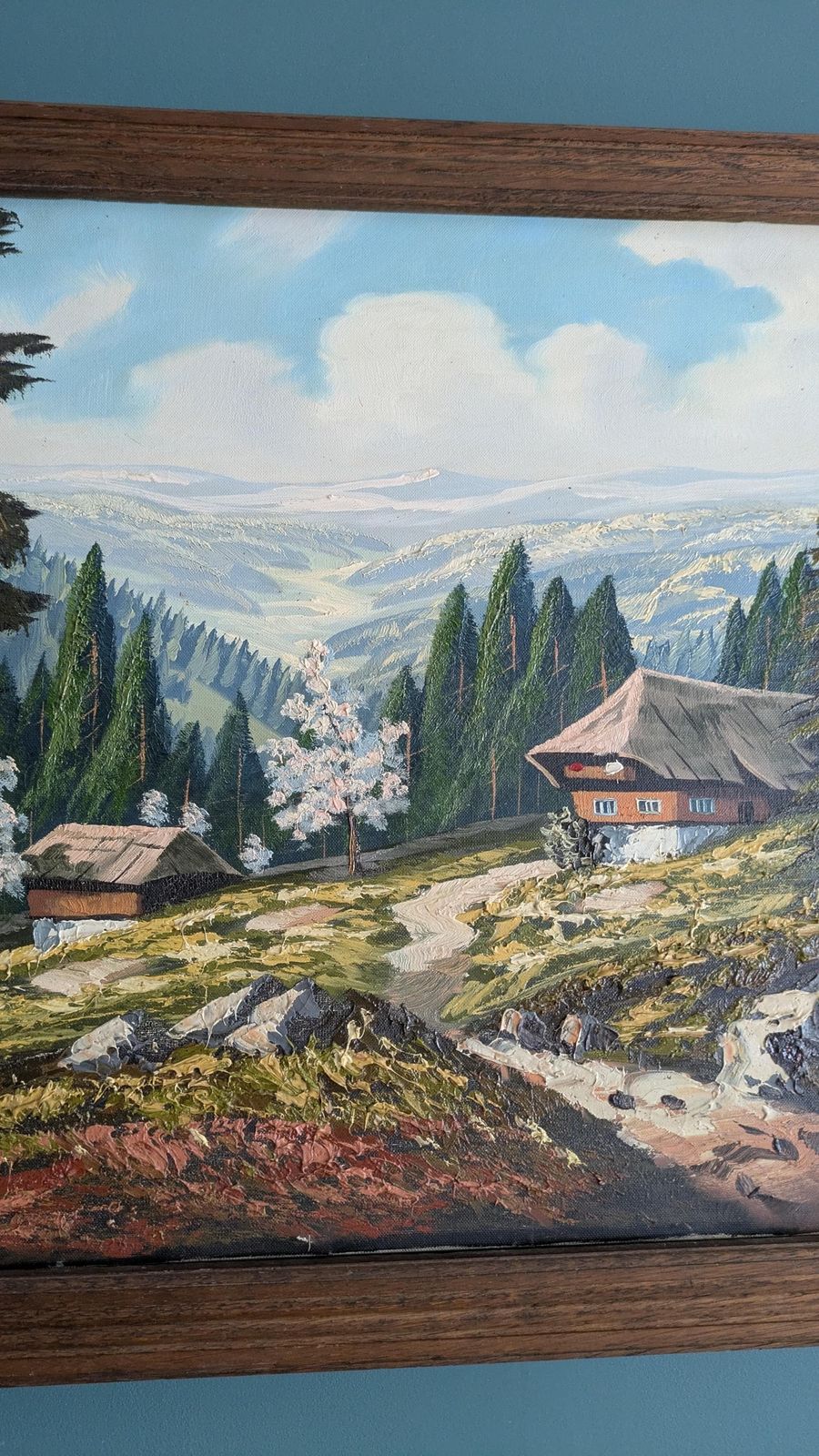 Vintage Large Alpine Landscape Oil Painting | Hand Painted Mountain Chalet Scene photo vinterior