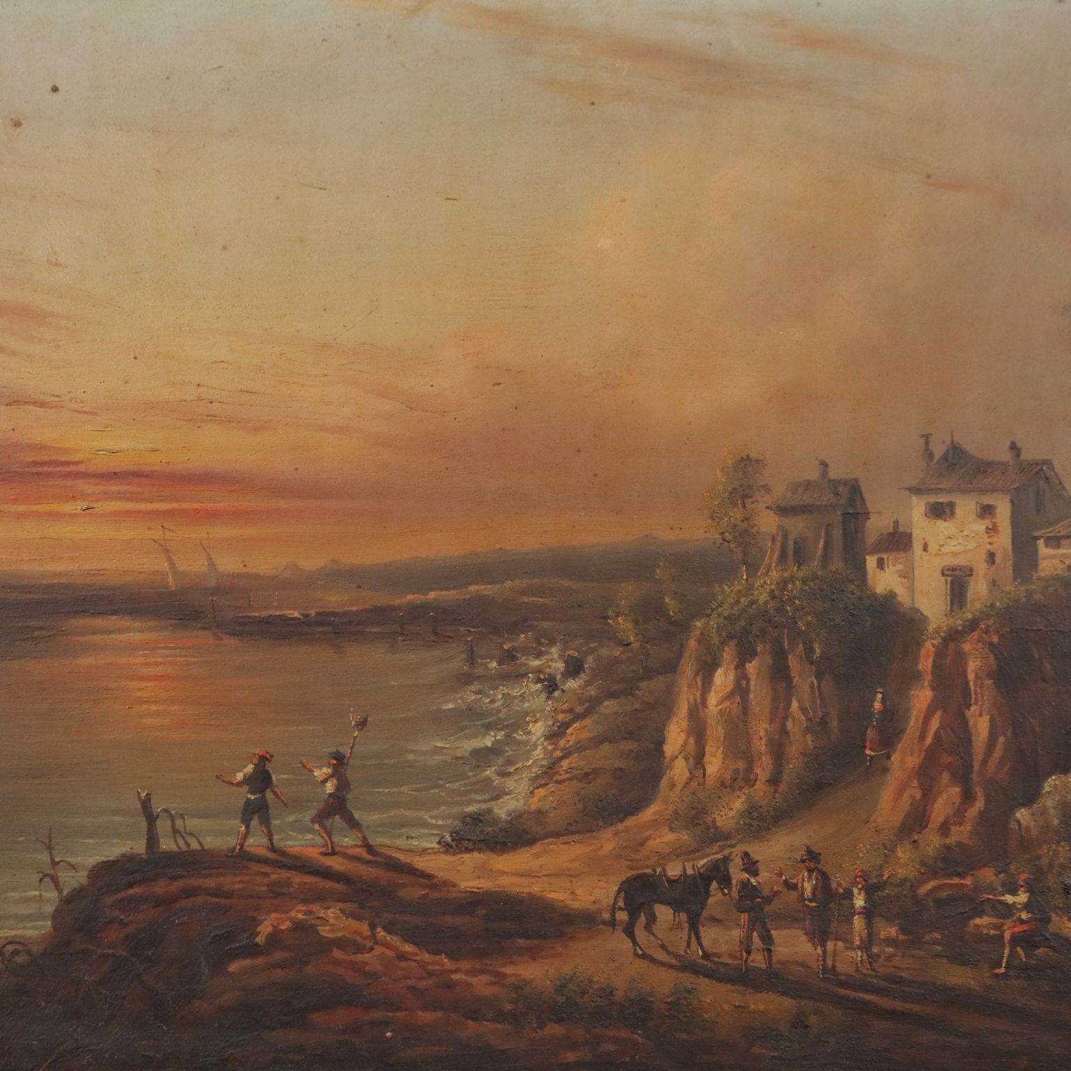 Antique Painting Sunset On Sea Landscape Oil On Borad XIX Century photo for sale