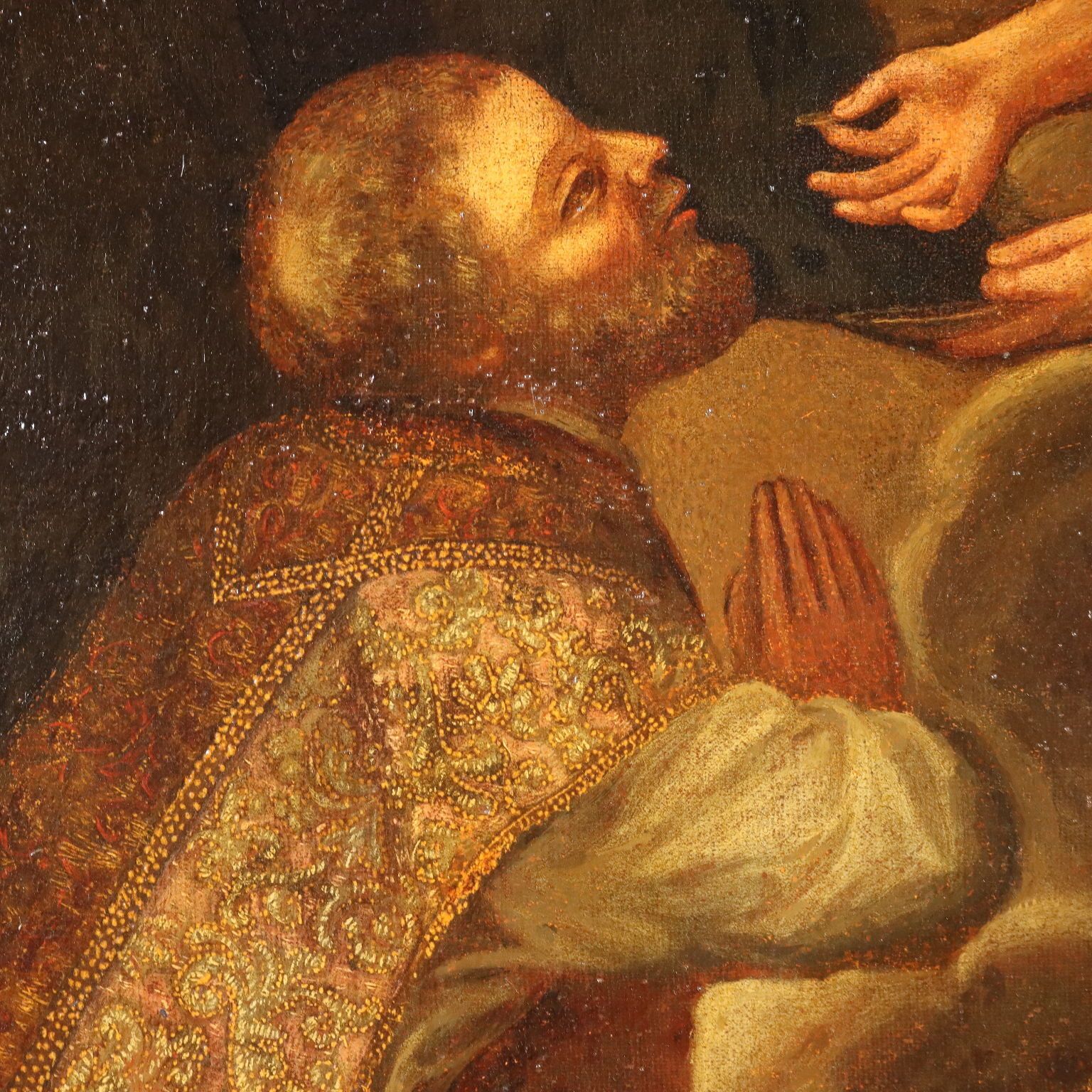 Tableau d'époque, évêque en prière recevant la communion du Christ, XVIIe siècle photo 1180.0