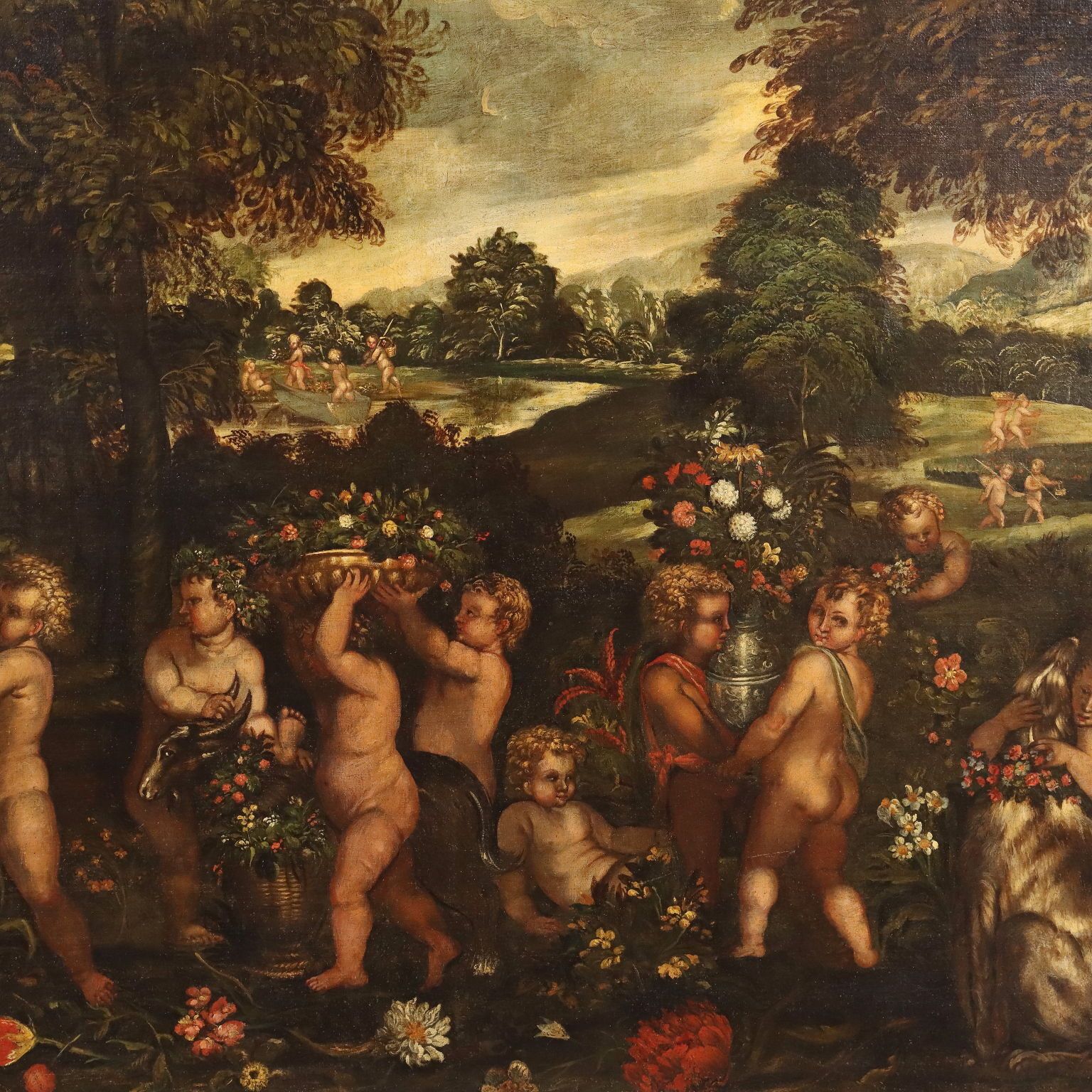 Antique Painting Cupids Feast Oil On Canvas XVII XVIII Century photo for sale