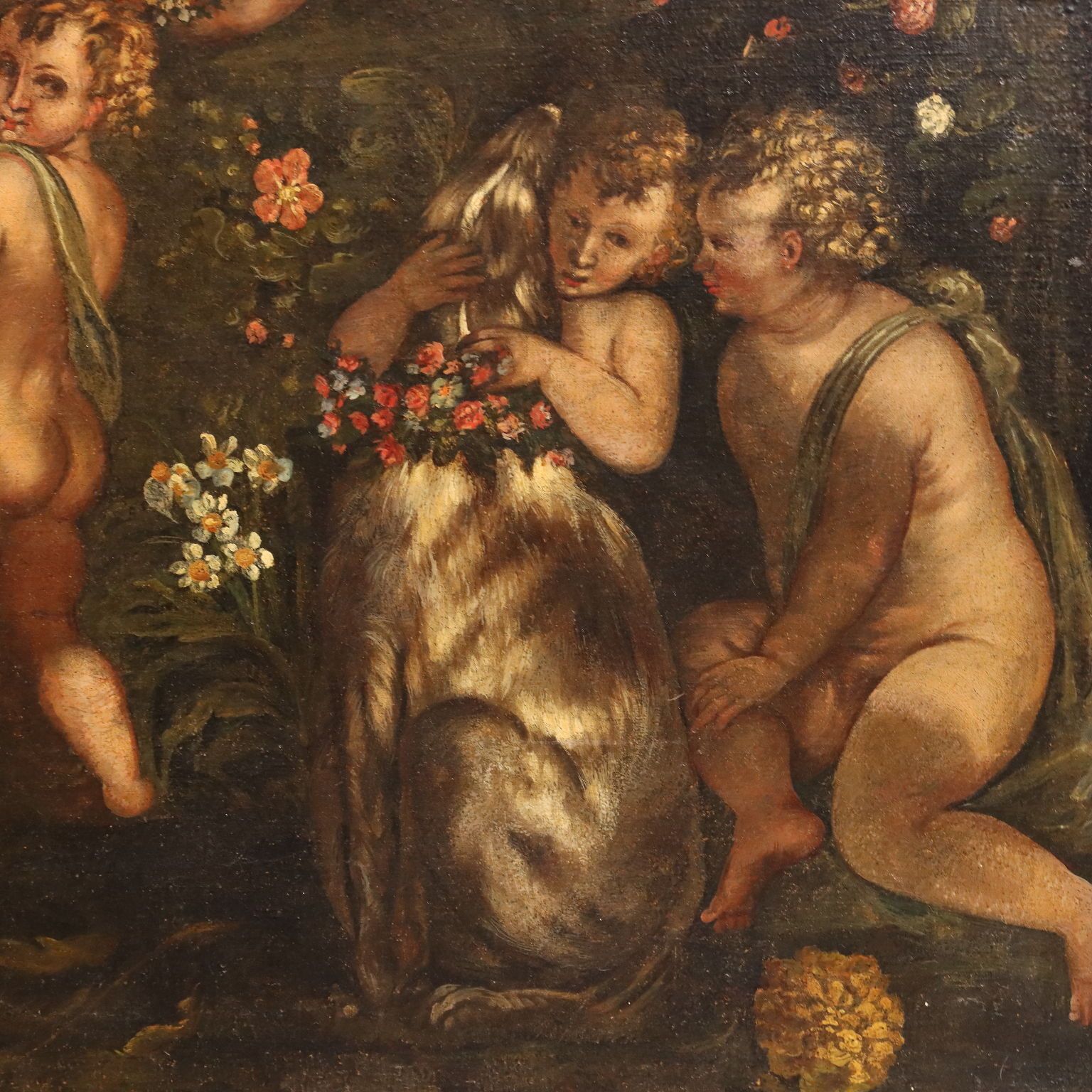 Antique Painting Cupids Feast Oil On Canvas XVII XVIII Century photo vintage