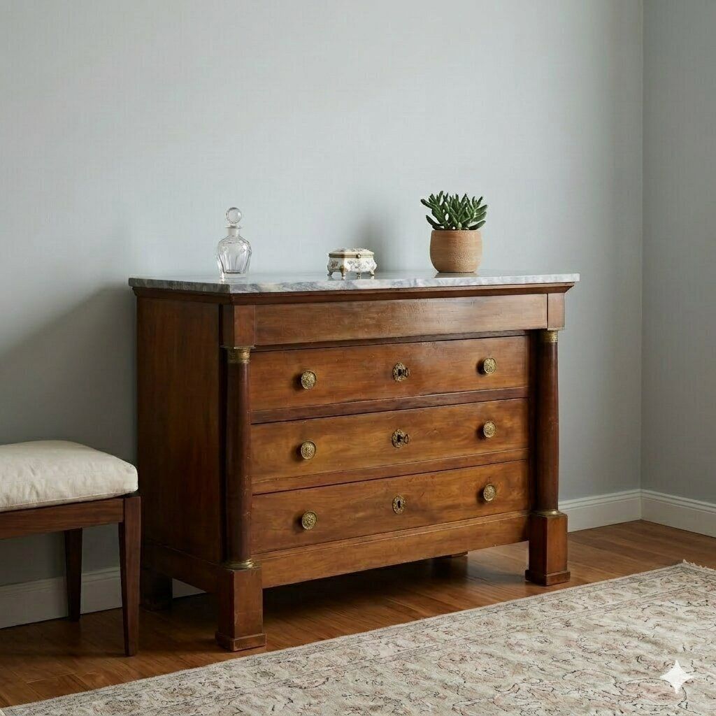 Antique Chest Of Drawers Empire Walnut Marble XIX Century photo furniture