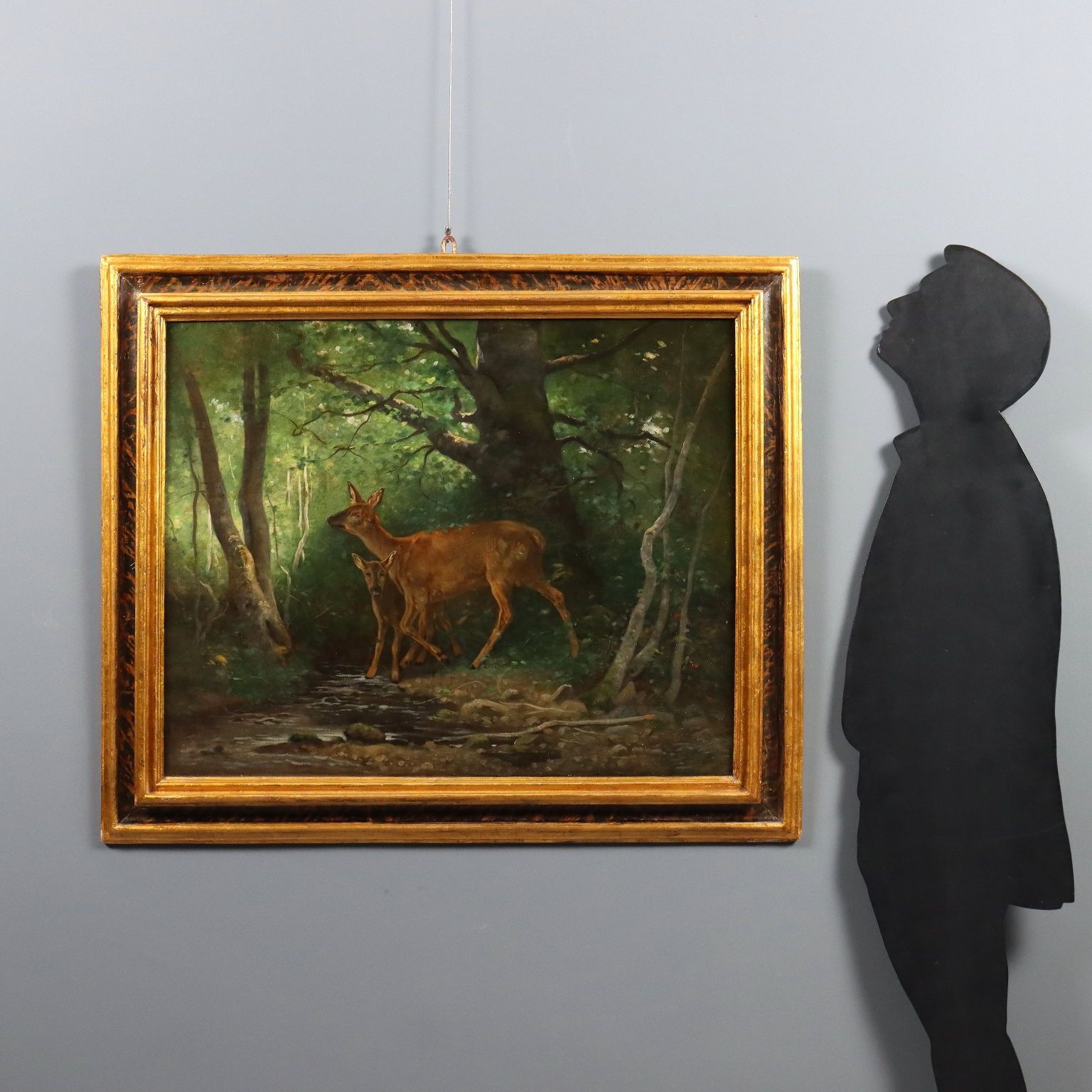 Antiek schilderij hert in het bos olieverf op doek Frankrijk 19e eeuw photo furniture
