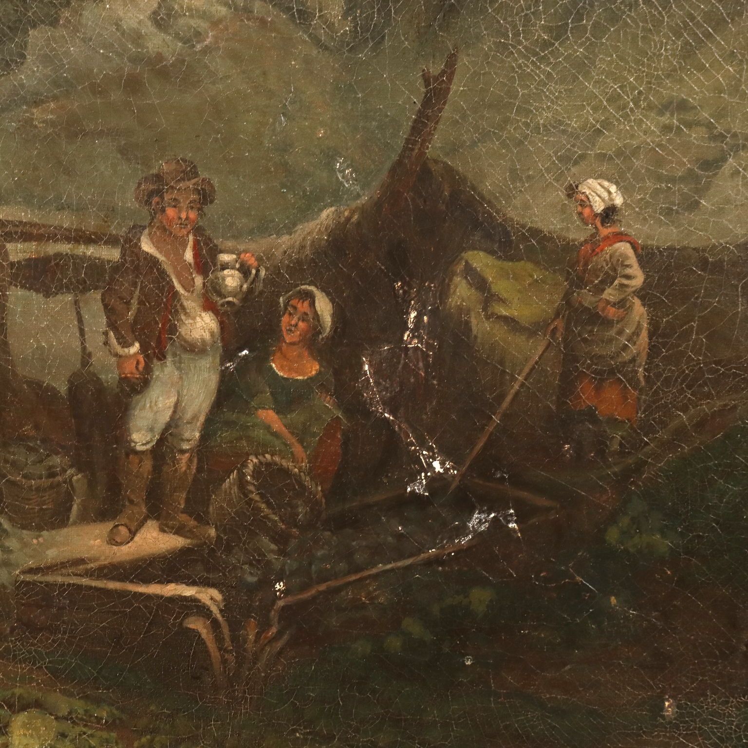 Antiek schilderij, landschap met boeren, olieverf op doek, Europa, 19e eeuw photo vinterior
