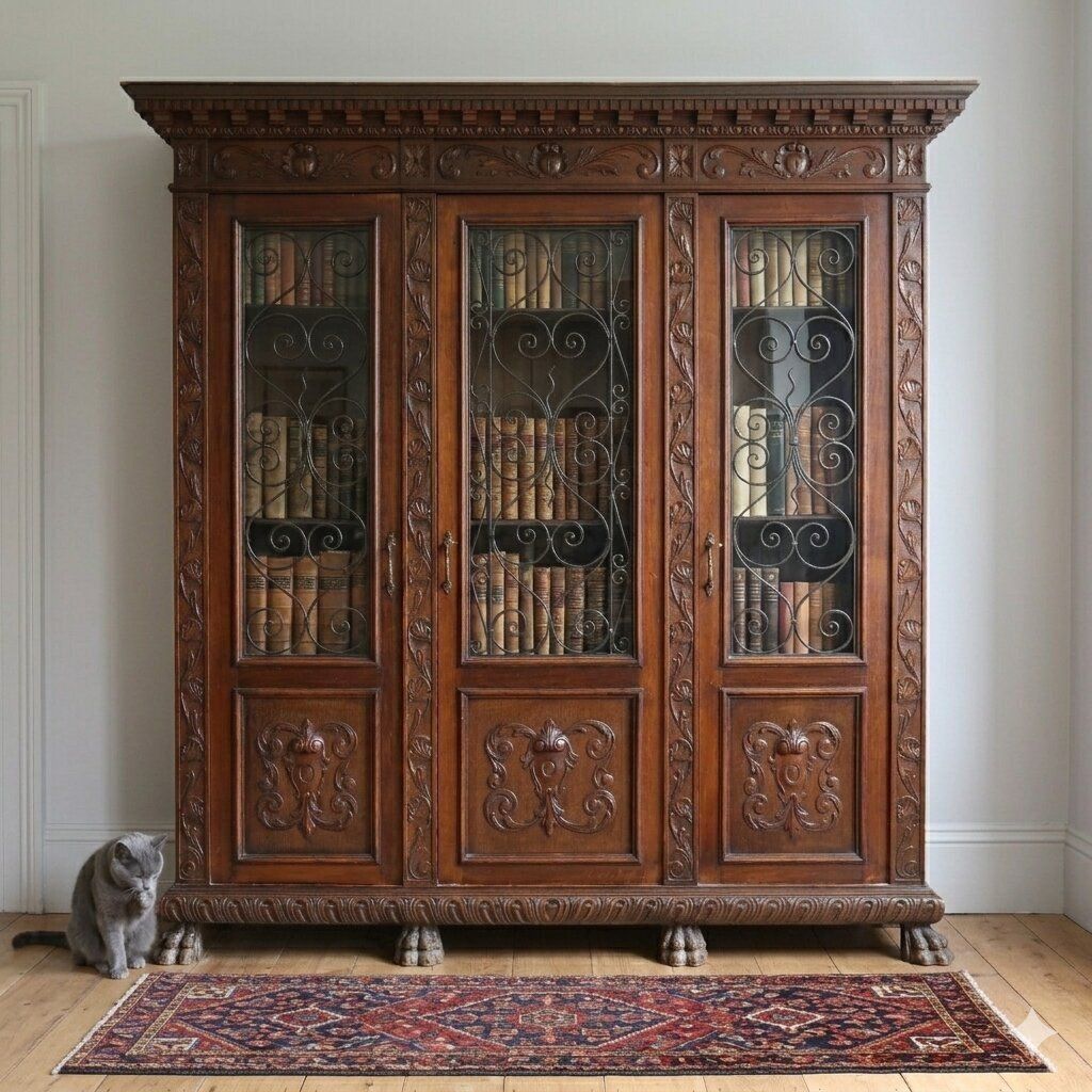Bibliothèque de style néo-Renaissance en noyer, XXe siècle photo furniture